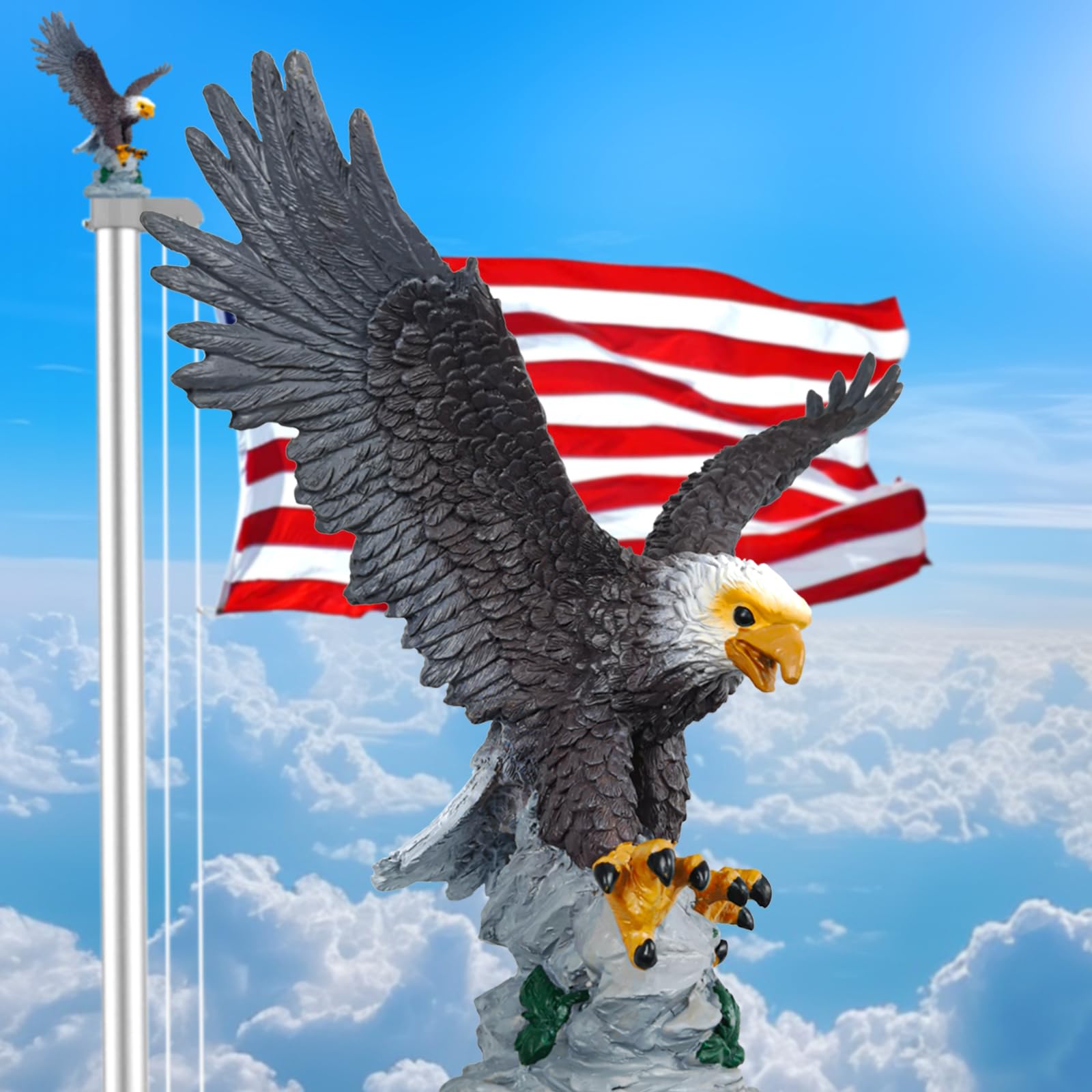 Flag Pole Toppers Outdoor Eagle,Spread Wings12 Bald Eagle Flag Topper for Flagpole,Waterproof Durable Resin Hand-Painted Design, Showcasing Your Pride and Patriotism On Independence Day (Eagle A)