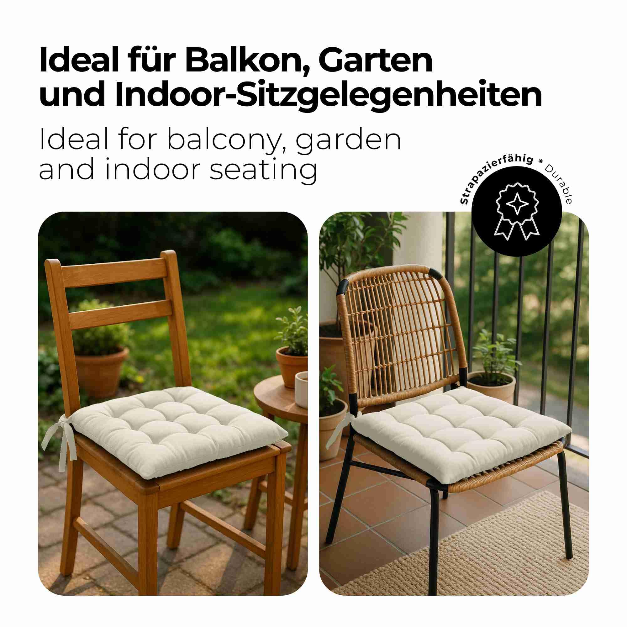 etérea Coussin de Chaise 40x40 cm Crème – Galette avec Liens, Mousse Indéformable, Intérieur & Extérieur, Lot de 6 pour Chaise de Jardin, Salle à Manger & Banc