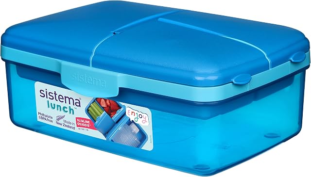 Sistema Lunch Slimline Quaddie Lunch Box with Water Bottle | 1.5 L Air-Tight and Stackable Food Storage Container | Blue/Green