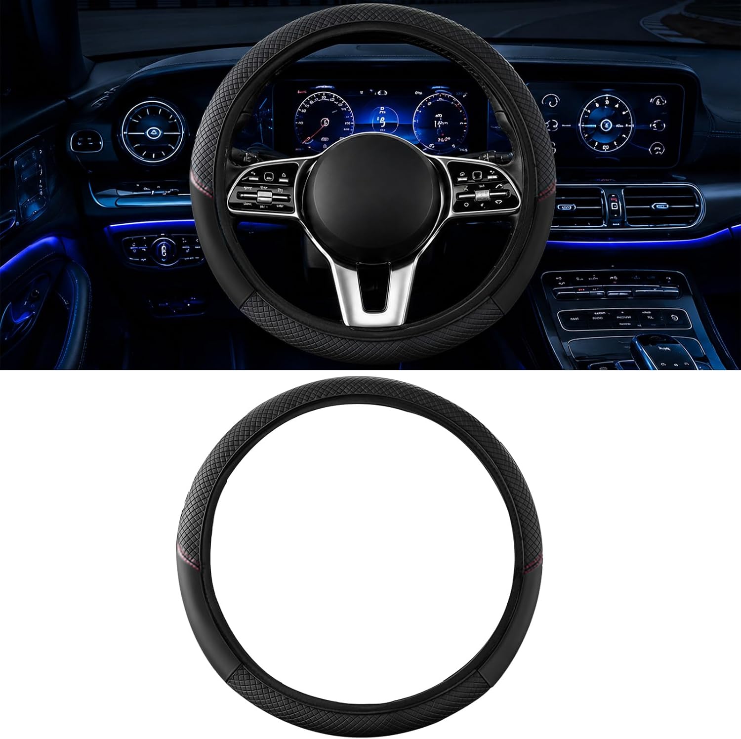 Car Steering Wheel Cover, 15 inch Carbon Fiber Microfiber Anti-Slip Breathable PU Leather Elastic Steering Wheel Protector, Car Interior Accessories for Most Cars (Purple)