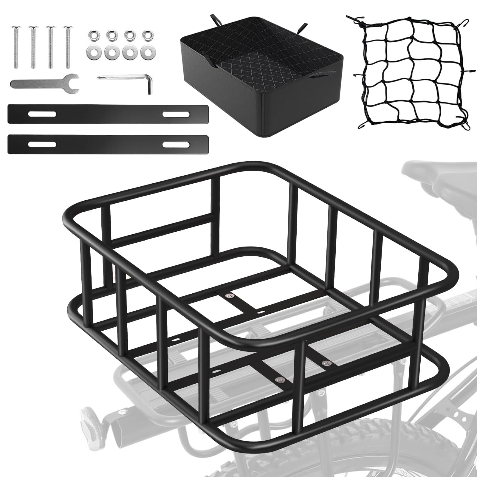 Grand Panier Velo Arriere, Panier Métallique pour Vélo Arrière, avec Filet De Chargement et Doublure, Compatible avec La Plupart des Vélos et Vélos électriques, Noir