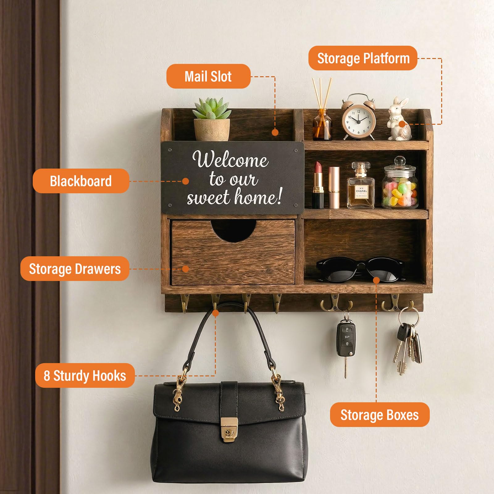 Porte-clés Mural en Bois et Métal avec Étagère, Support Clés et Courrier pour Entrée, Couloir et Bureau, Crochets pour Clés et Petits Objets, Design Moderne et Élégant – 37×28,5 cm