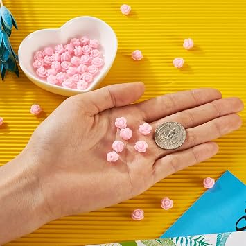 50pcs Pink Rose Beads for Rosary Necklaces, Resin Flower Beads, Drilled Rose Flower Embellishments for Buddha Mala Jewelry Making, Bracelets, Earrings, Scrapbooking Crafts