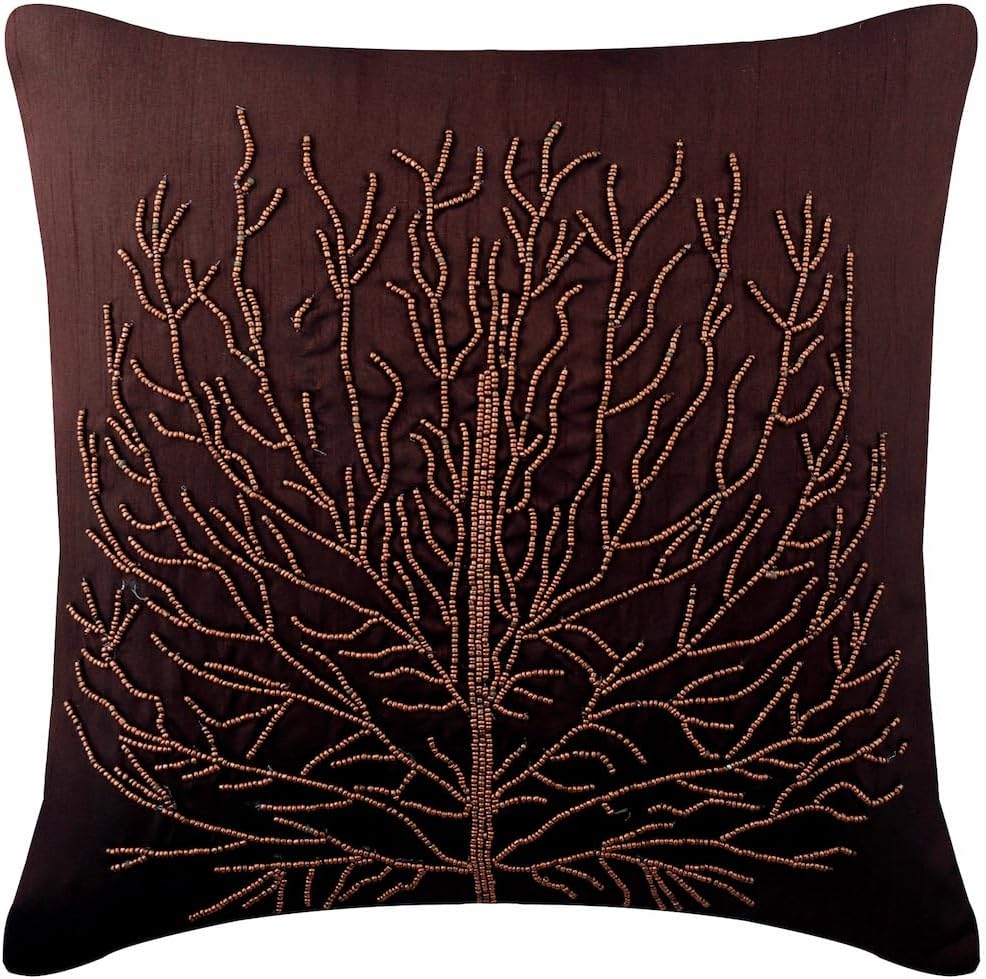 The HomeCentric Decorative Pillow Cover, Brown Designer Fabric Pillow Covers 16x16 inch (40x40 cm) Silk Throw Pillows for Couch, Nature & Floral, Tree, Beaded, Tropical Zippered Pillow - Woody Tree