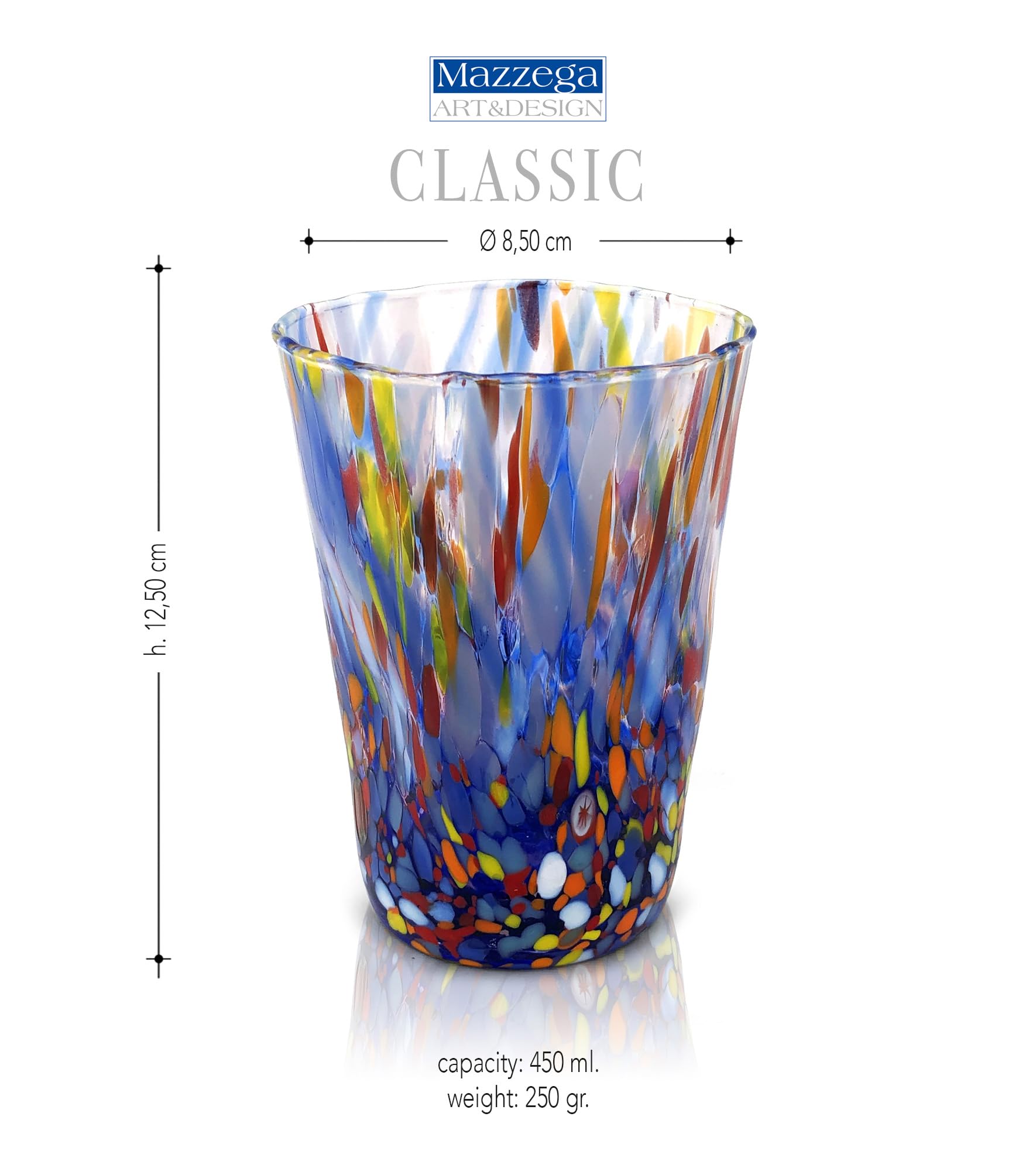 MAZZEGA ART & DESIGN - 6 szklanek do napojów dmuchanych i ręcznie robionych z Murrine di Murano, linia "Colors di Murano 390 ml" Made in Italy (MIX, 6)