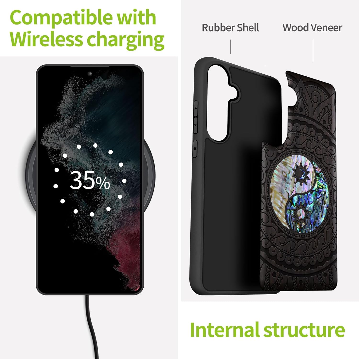 Carveit Designer Wooden Case for Samsung Galaxy S23 FE Cover [Wood Engraving & Shell Inlay] Compatible with Wireless Chargers S23 FE Case (Yin Yang Paisley-Blackwood)