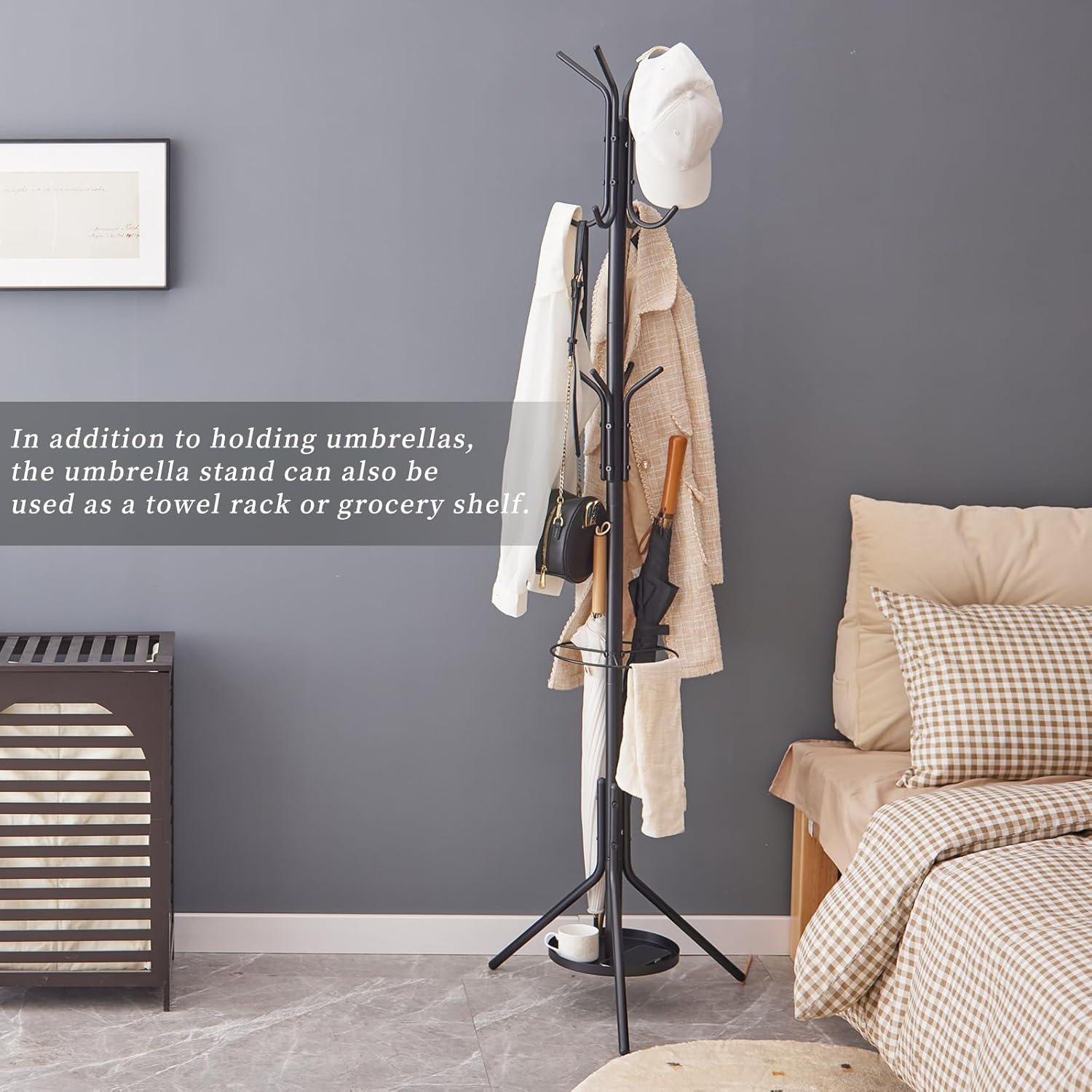 Kitsanery Coat Rack Freestanding,Metal Coat Tree with Umbrella Holder,Hat and Coat Rack Stand for Entryway, Hallway, Living Room, Bedroom (Black)