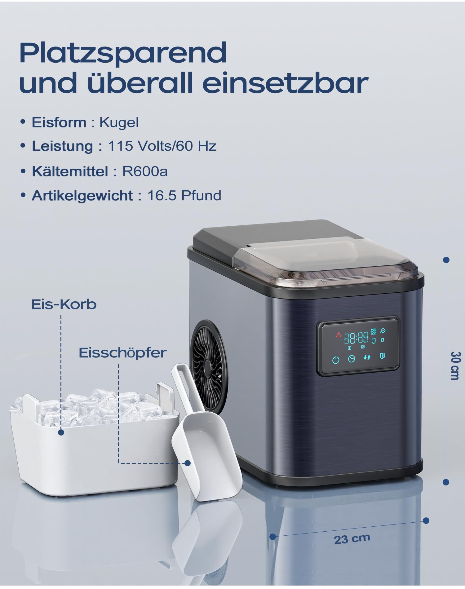 Edelstahl Eiswürfelmaschine mit LED-Display Eismaschine Eiswürfelbereiter und Reinigungsfunktion 2L Wassertank inklusive Eisschaufel und Korb 2 Eiswürfel Größen für Küche, Büro, Bar und Party