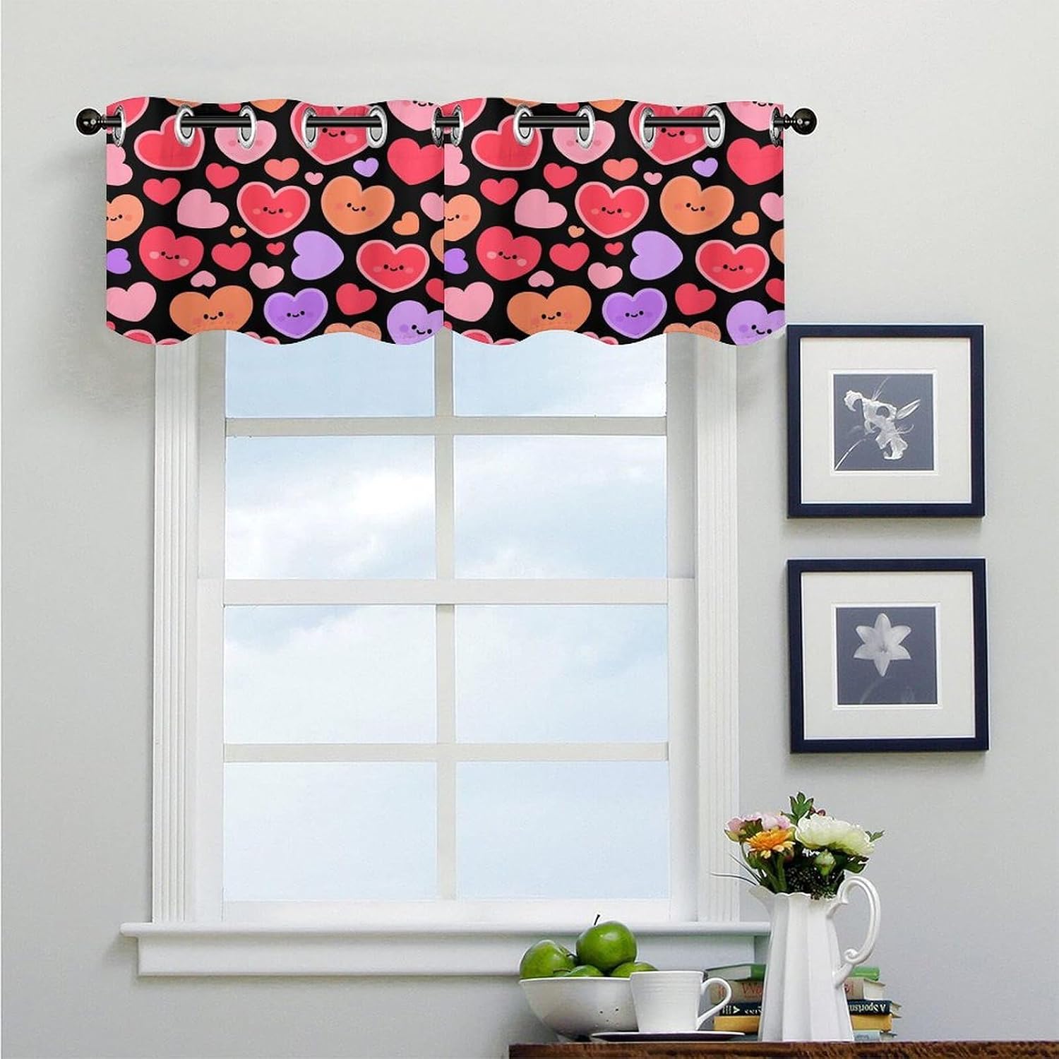 Cartoon Hearts Curtain 2 Panels, Polyester Fiber, Blackout Insulated Window Curtain, Curtain Valance for Kitchen Dining Room Living Room Cafe Small Window 52 * 18.1 Inches