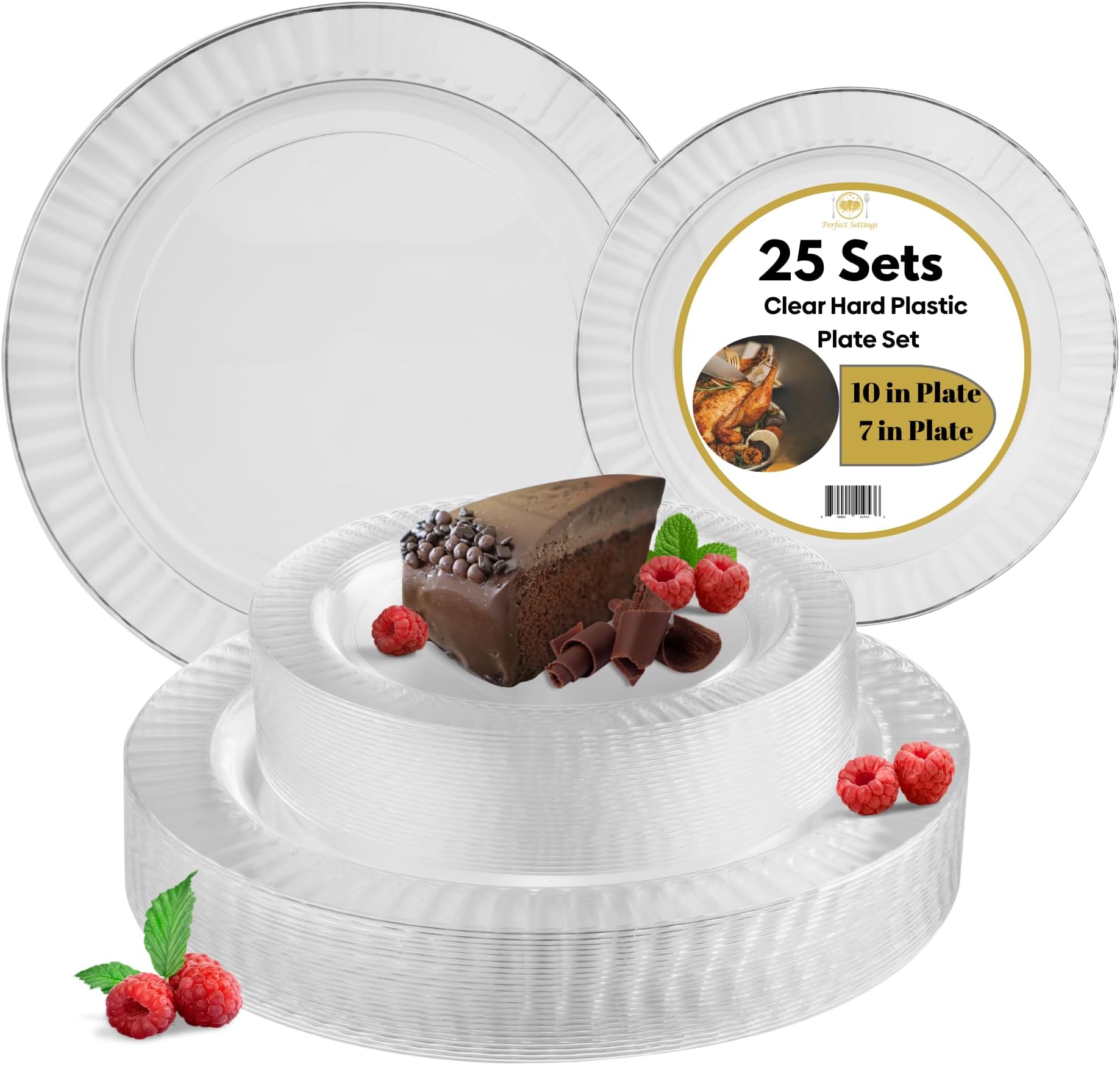 Perfect Settings 50 PSC Clear Hard Plastic Plates - 25 x 10 Inch Dinner / 25 x 7 Inch Salad - Heavy Duty Elegant Disposable Dinnerware Plates (Clear Textured Edge)
