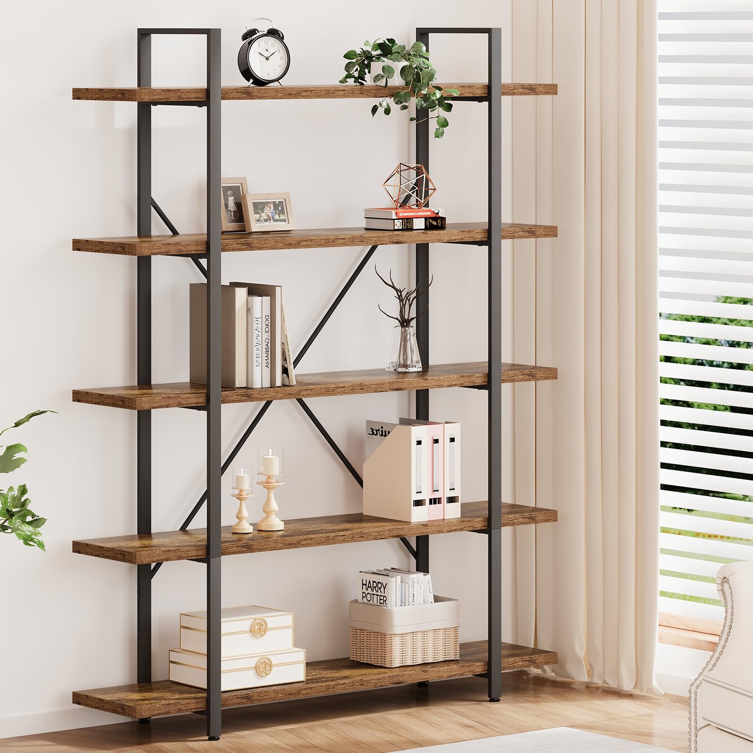 HSH Bücherregal Regal mit 5 Ebenen Vintagebraun Schwarz 178 x 120 x 32 cm | TV Regal Schallplatten Regal Plattenspieler Regal für Wohnzimmer Bücherregal Metall Holz