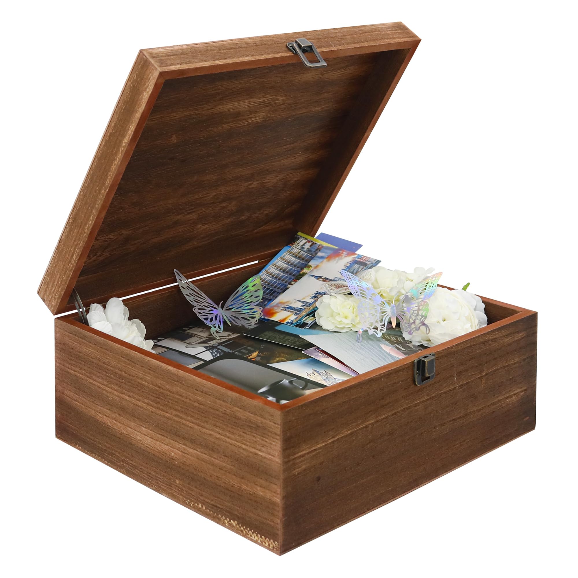FramePro Caja de recuerdos de madera de 10 x 12 pulgadas, caja de recuerdos grande con tapa con bisagras, caja del tesoro vintage para manualidades y almacenamiento de fotos