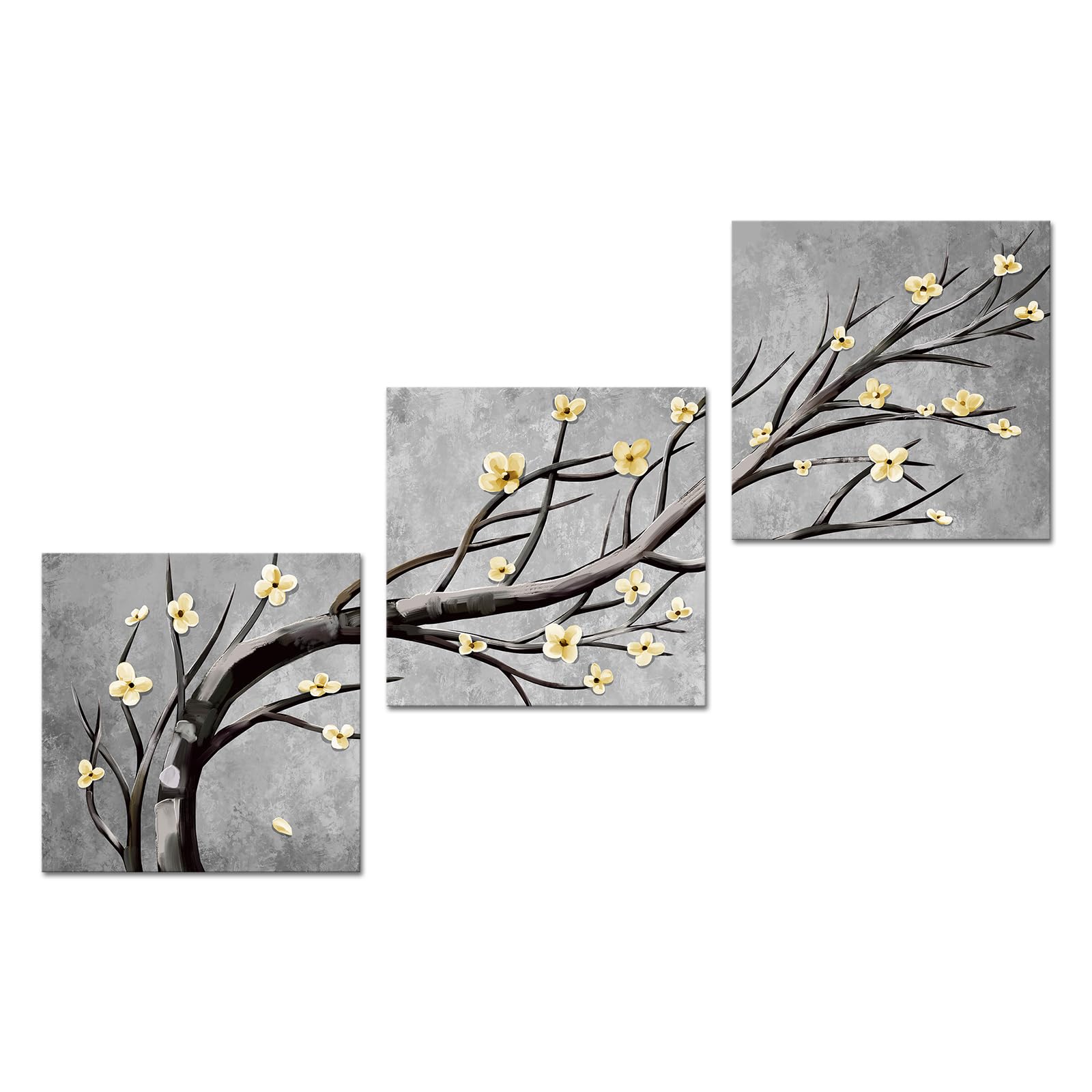 KREATIVE ARTS Modern 3 Panel Floral Canvas Art Abstract Flowers on Tree Branches Oil Painting Prints on Canvas Wall Decor for Living Room & Home Each Panel 12x12 Inches (Grey)