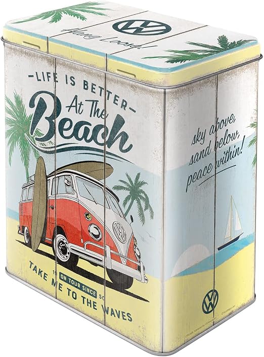 Nostalgic-Art Retro puszka L, 3 l, VW Bulli - Beach - Pomysł na prezent dla miłośnika Volkswagena Busa, Official License Product (OLP), duży pojemnik na kawę z metalu, Styl vintage