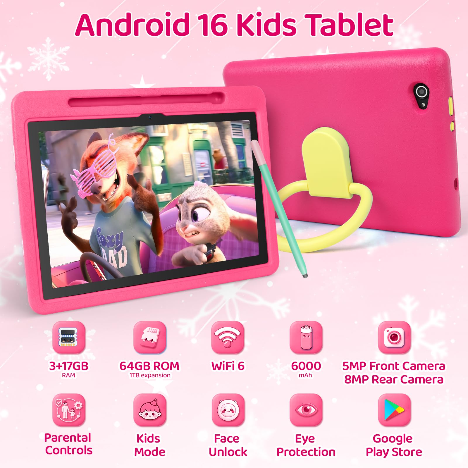 Tablet Bambini Android 16 Pollici 10, 20GB RAM 1TB TF, Batteria 6000mAh, WiFi 6/BT 5.3 - Rosa