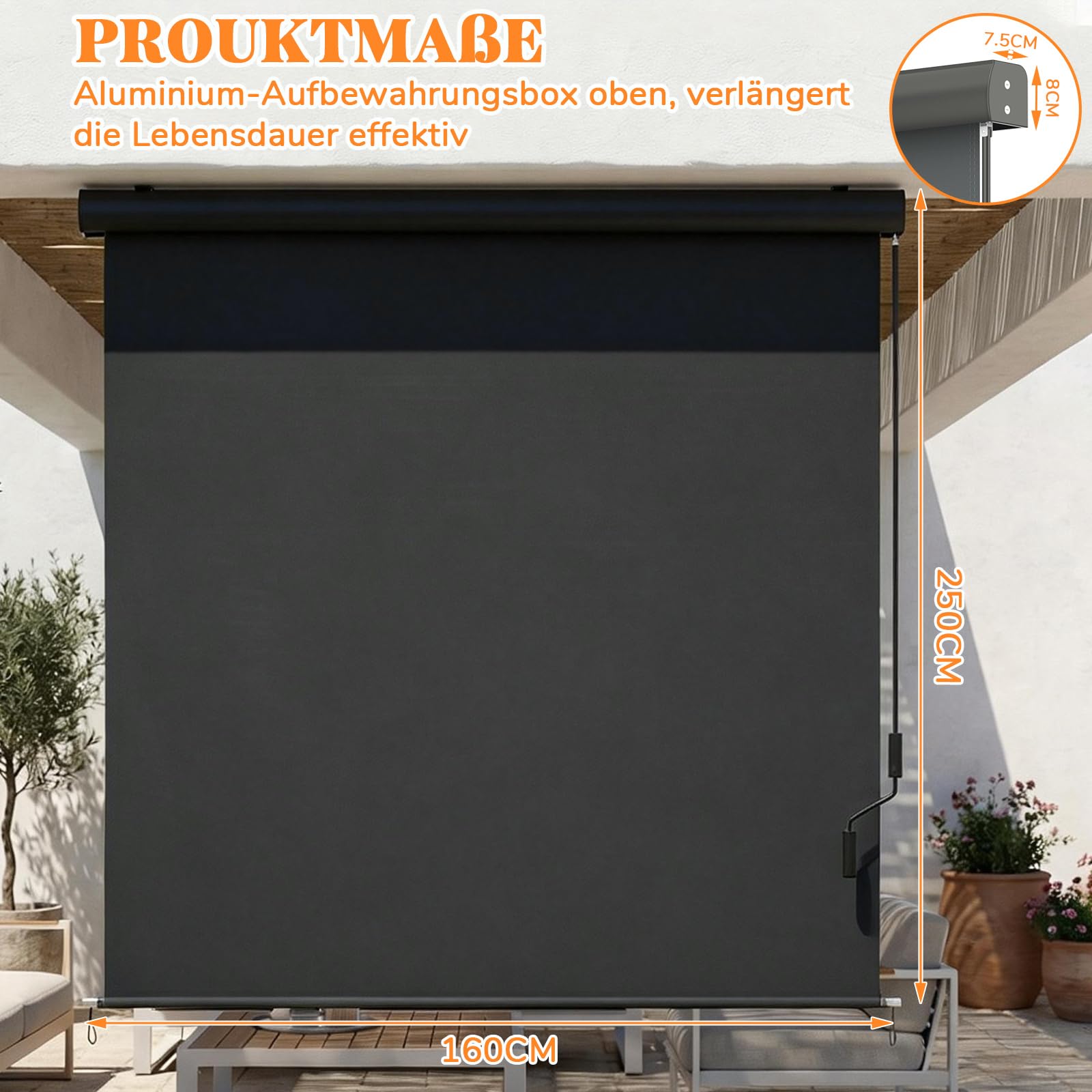Huracan Store Vertical Extérieur 160 x 250 cm, Protection Solaire en Aluminium avec Manivelle, Résistant à l'eau, Store de Jardin, Store de Terrasse, Balcon Brise-Vue, Anthracite