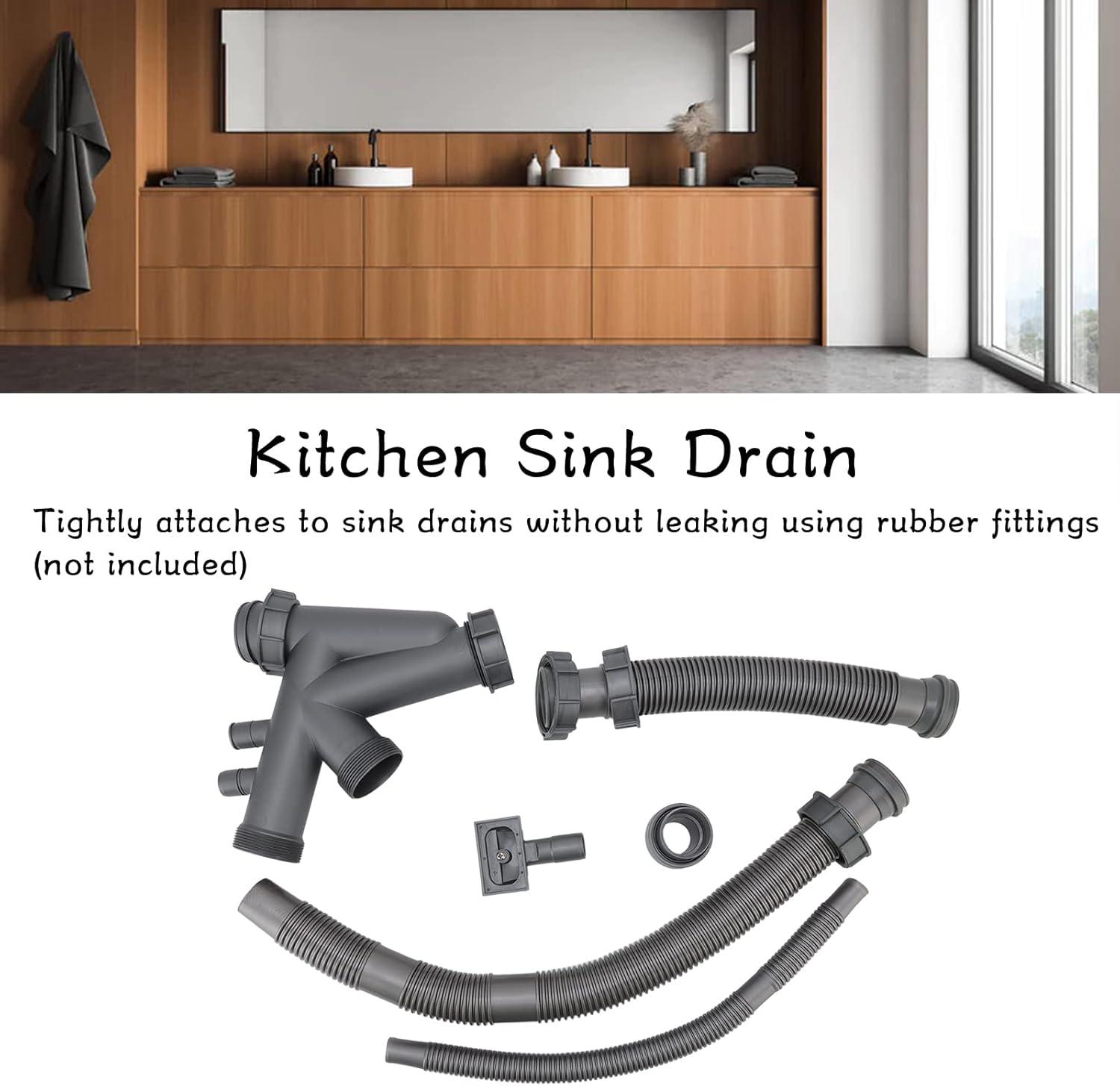 Sink Drain Assembly Kit for Double Bowl Basin, 2-in-1 Quick Connect Bathroom Kitchen Drain with Extensible Hose, Stainless Steel+PVC Fittings and Sealing Gaskets