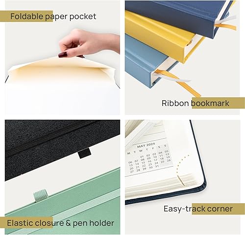 Miniatura 4 de POPRUN Agenda diaria 2024 de una página por día, calendario diario 2024, libro de citas por hora con bolsillo, páginas de notas y contactos, tapa