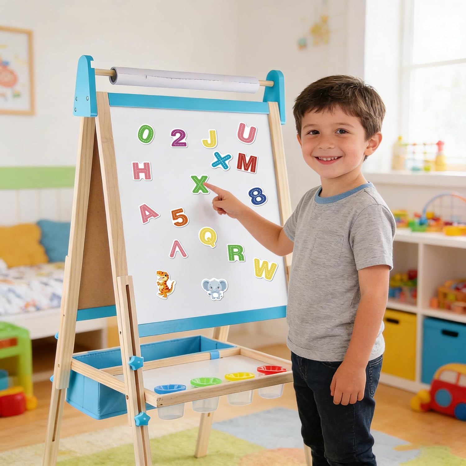 Wooden Easel for Kids, Adjustable Kids Art Easel, Learning Toy for Boys and Girls Ages 3-4 4-8 8-12, Wooden Blackboard & Magnetic Whiteboard and Drawing Paper Holder, 2 Drawing Paper Roll