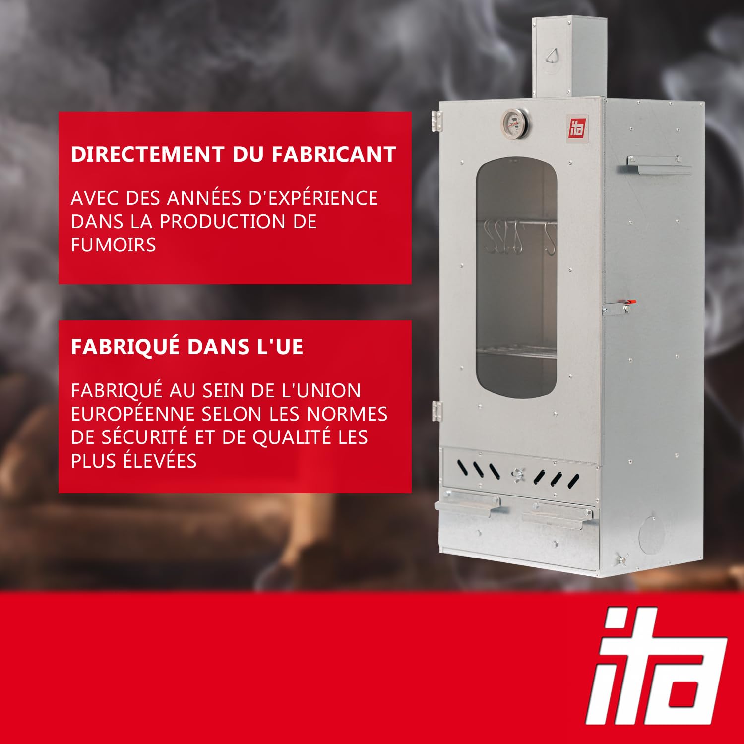 ITA Fumoir 7012 - Kit fumoir avec élément chauffant et copeaux de fumage - Armoire à fumage à 3 étages - Acier allié, avec fenêtre de visualisation et conduit de cheminée - Qualité fabriquée en UE