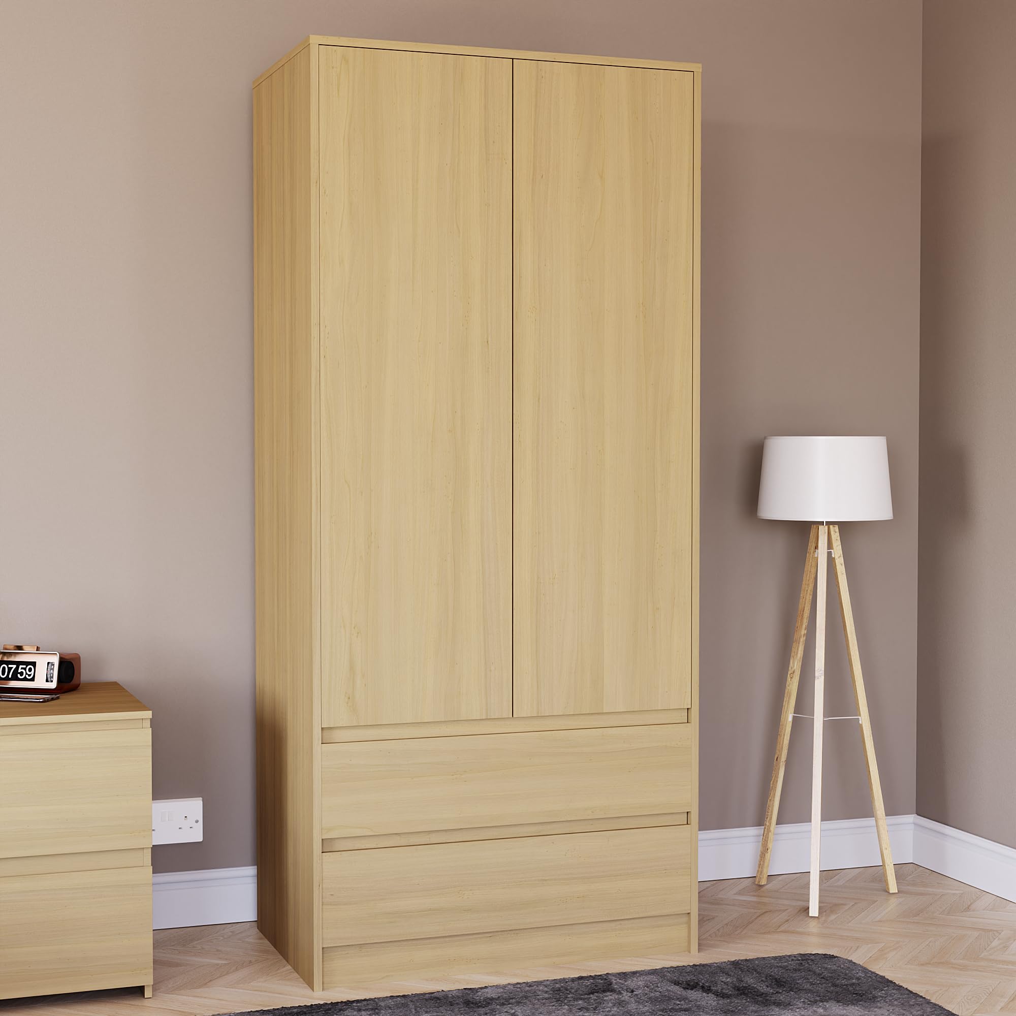 Vida Designs Denver 2 Door Wardrobe With 2 Drawers, Modern Bedroom Furniture (Pine)