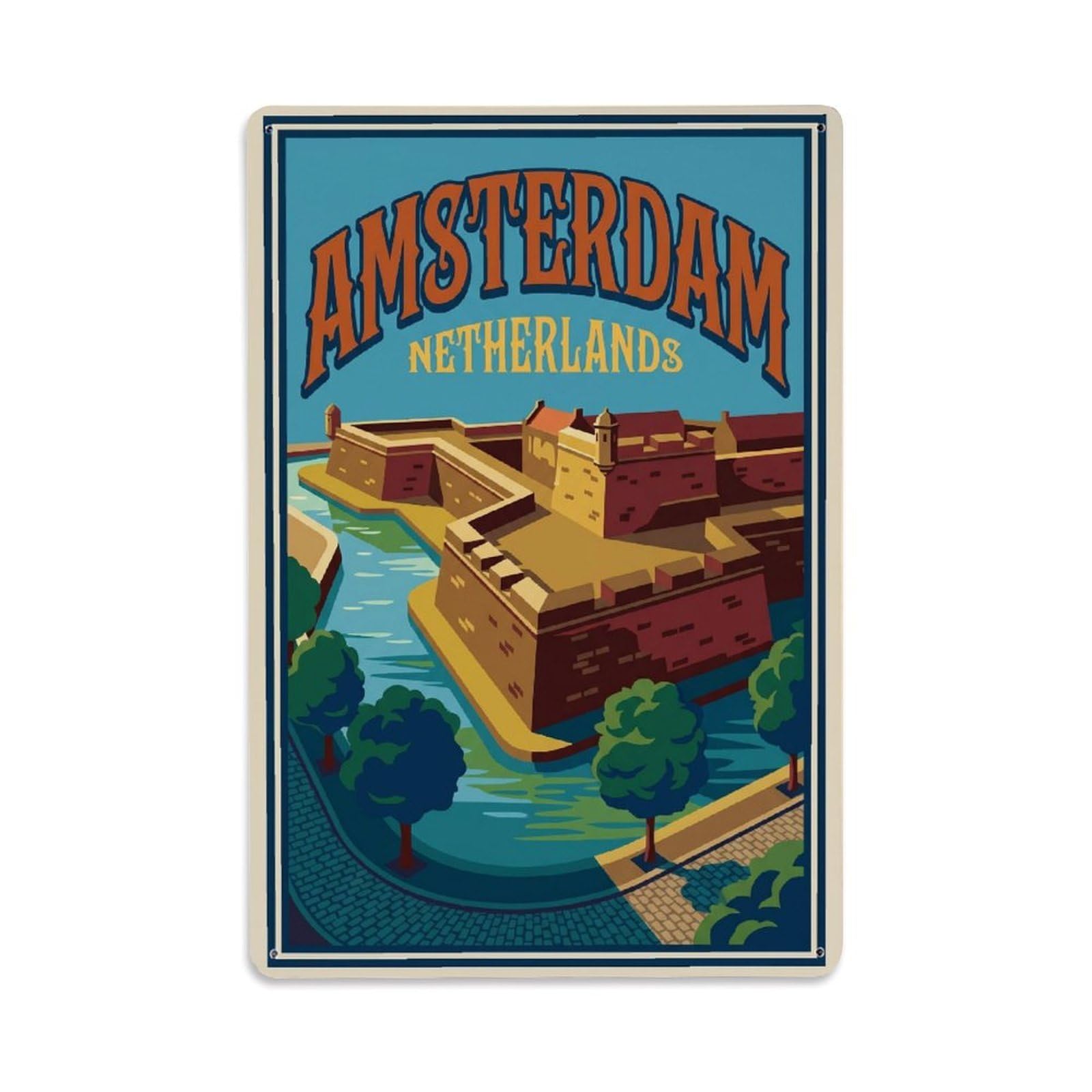 Okngb Style Vintage Stone Fortress Amsterdam Historic Landmark Metal Tin Sign Plaque Wall Decor For Cafe, Man Cave, Club Bar, Office, Home Garden Round Metal Poster 8X12inch