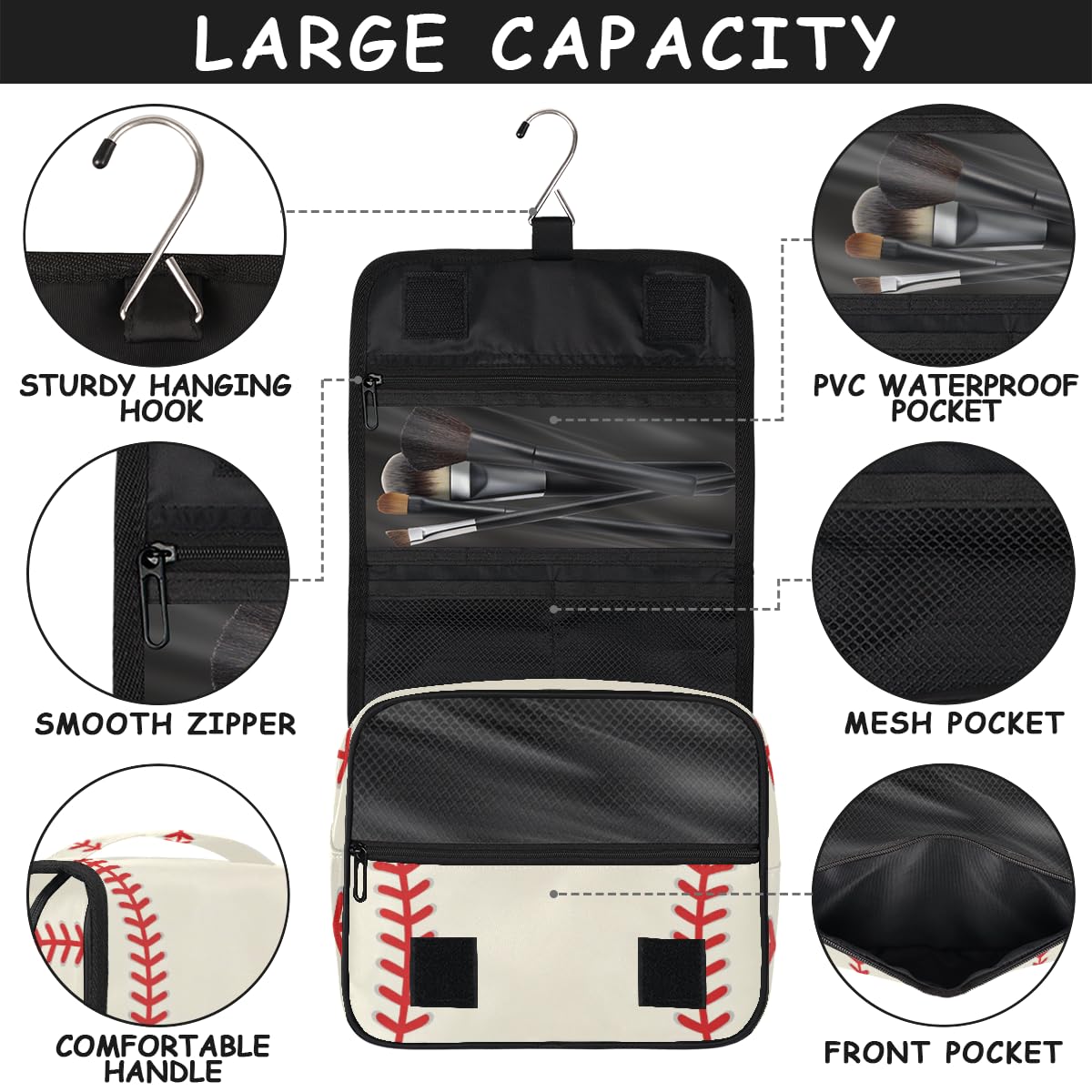 Neceser de viaje colgante de béisbol para niños, organizador de cosméticos para mujeres, bolsa de maquillaje para hombres, kit de afeitado, bolsa de ducha con gancho resistente, Béisbol,