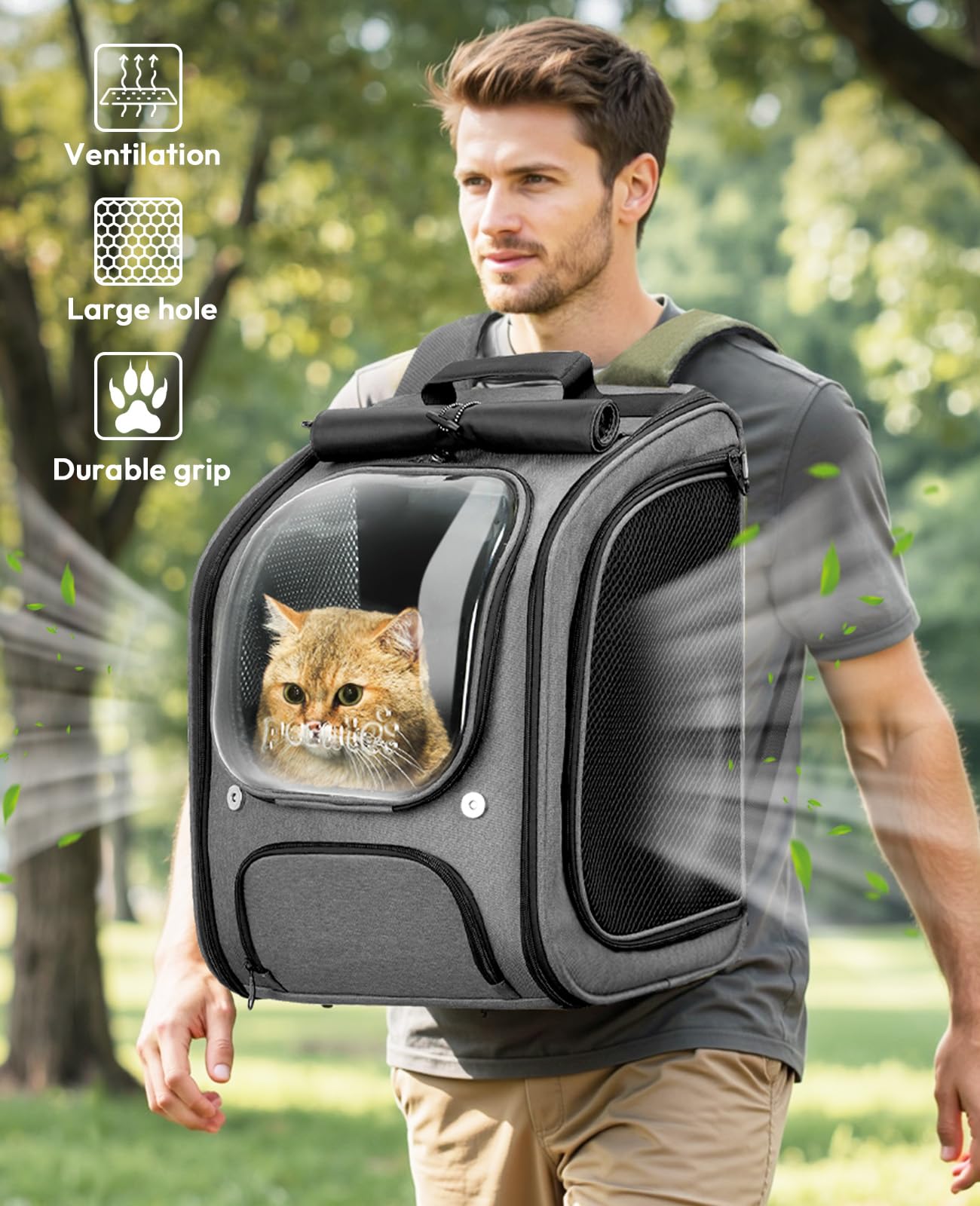 Pecute Zaino Trasportino per Gatti a Bolla - Ampio spazio stabile, parasole traspirante, ideale per viaggiare, fare escursioni, fare visitare cliniche veterinarie con il tuo animale domestico, Grigio