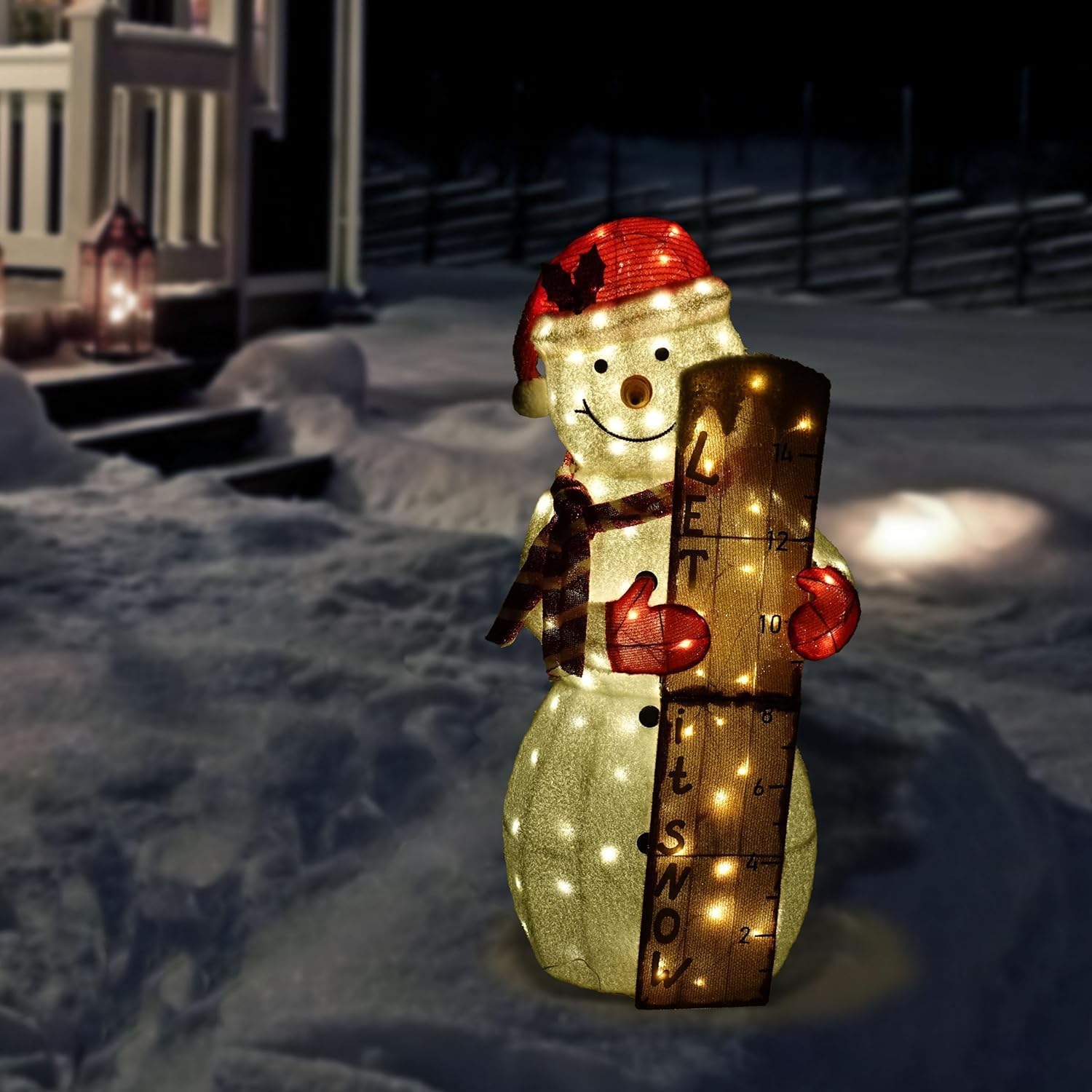 Alpine Corporation 43" H Let It Snow White Fabric Snowman with LED Lights, Indoor and Outdoor Christmas Decor