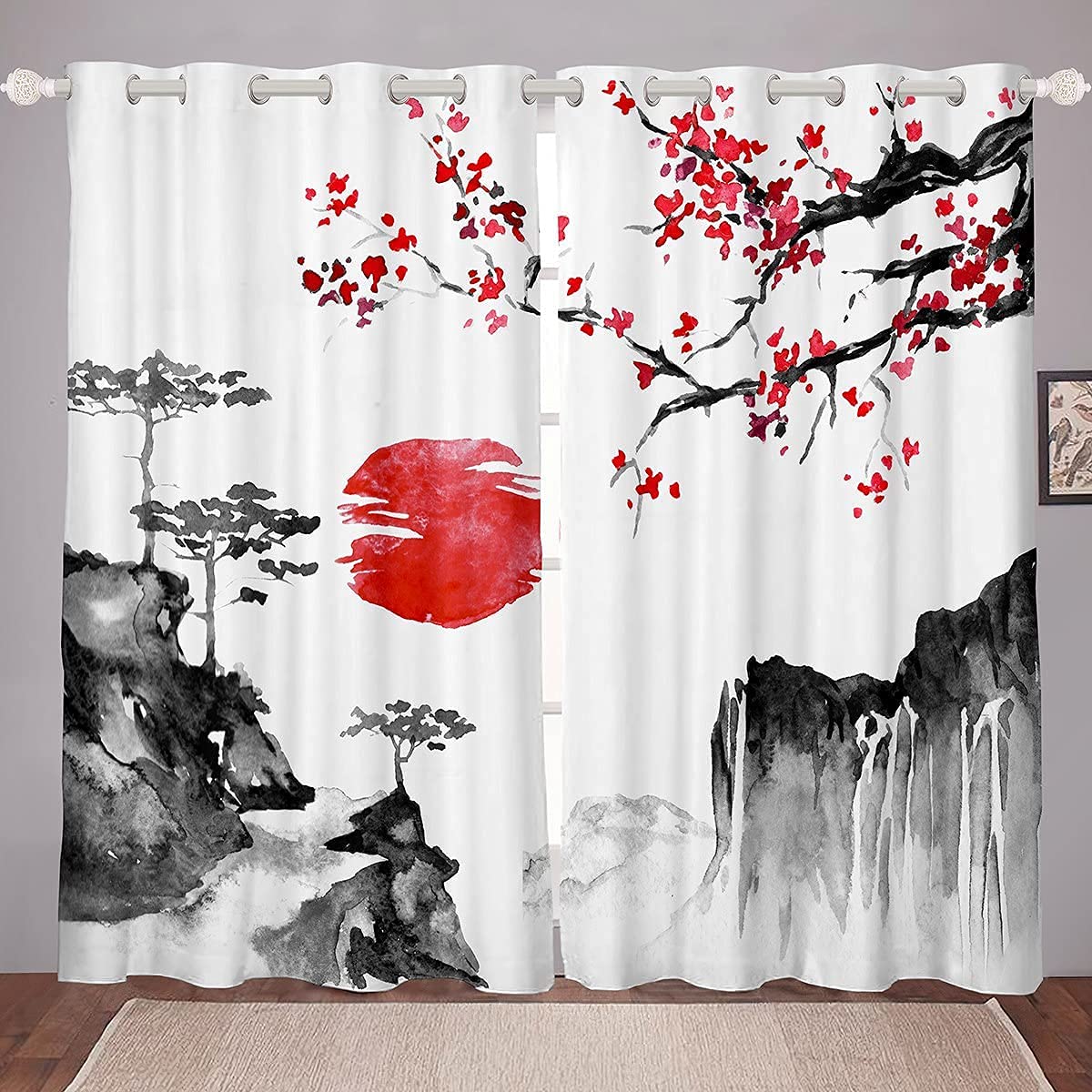 Rideau de fenêtre japonais opaque 175 x 140 cm motif ukiyoe rouge