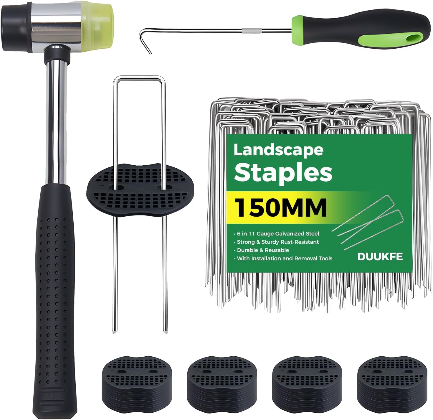 6 Inch Landscape Fabric Staples, 150Pcs Garden Stakes Galvanized +150Pcs Gasket +Pick Hook +Rubber Mallet, U Shaped Weed Barrier Stakes 11 Gauge Lawn Staples Landscape Pins for Yard, Sod, Weed Mat