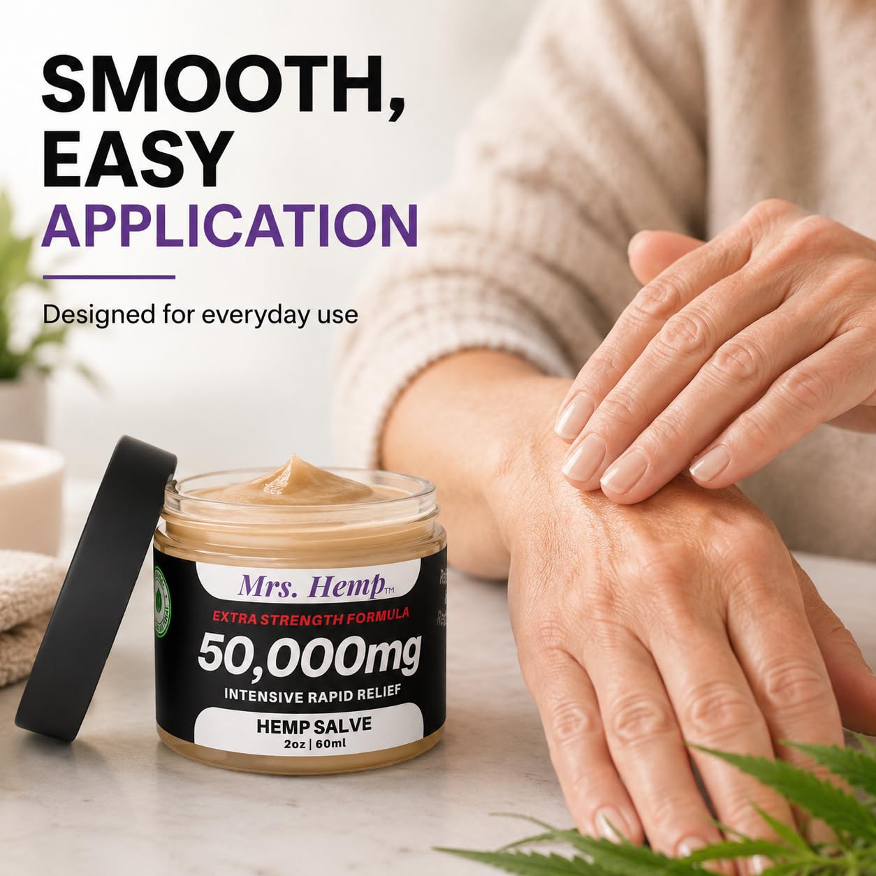 50,000 MG Hemp Salve, 2 oz Jar – Rich Moisturizing Body Balm for Hands, Elbows, Knees and Dry Skin Areas – Smooth Texture, Non-Heavy Finish – Made in USA — Amazon image 8