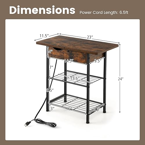 Miniatura 3 de GOFLAME Mesa auxiliar con estación de carga y puerto USB, mesa auxiliar de sofá abatible con compartimento cerrado y 2 estantes de almacenamiento,