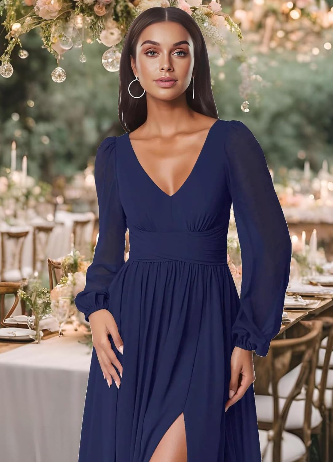 firfig Women Mesh Deep V Neck Open Back Sheer Long Sleeve Slit Leg Bridesmaid Maxi Dress Cocktail Party Wedding Guest Dresses - Image 5