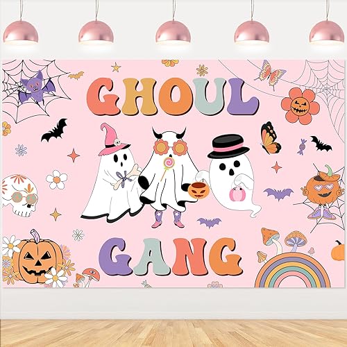 Decoración de fiesta de cumpleaños de Ghoul Gang, telón de fondo de Ghoul Ghoul Ghoul, telón de fondo pastel hippie de Halloween para Groovy Retro