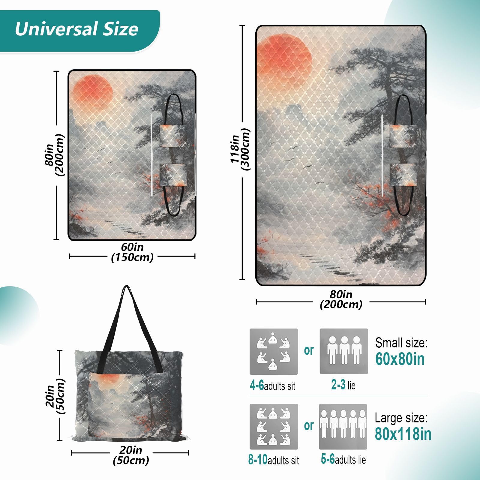 Yoogain Camping Blanket Cute Outdoor Portable Blanket for Women 30s Concert Blankets Sunset Landscape Chinese Ink Painting 60x80in