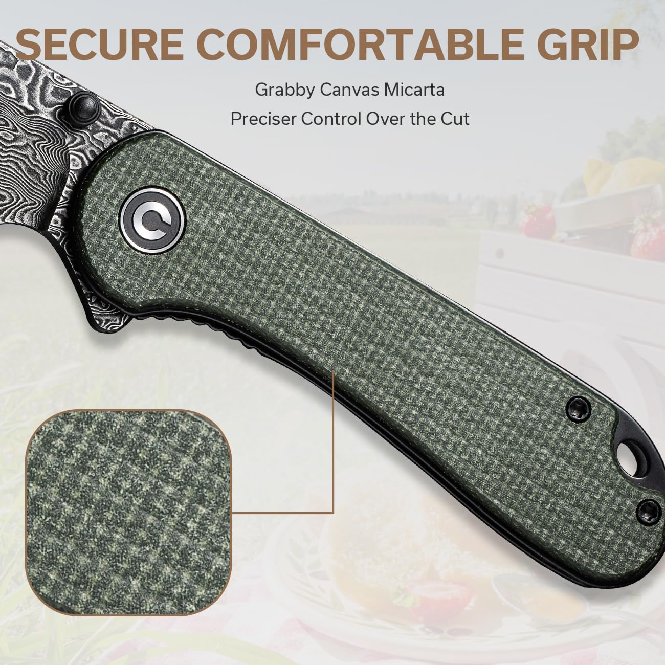 CIVIVI Pocket Knife - Elementum Folding Knife with 2.97'' Damascus Wharncliffe Blade Micarta Handle, Ideal for Outdoor EDC Gift C18062AF-DS1
