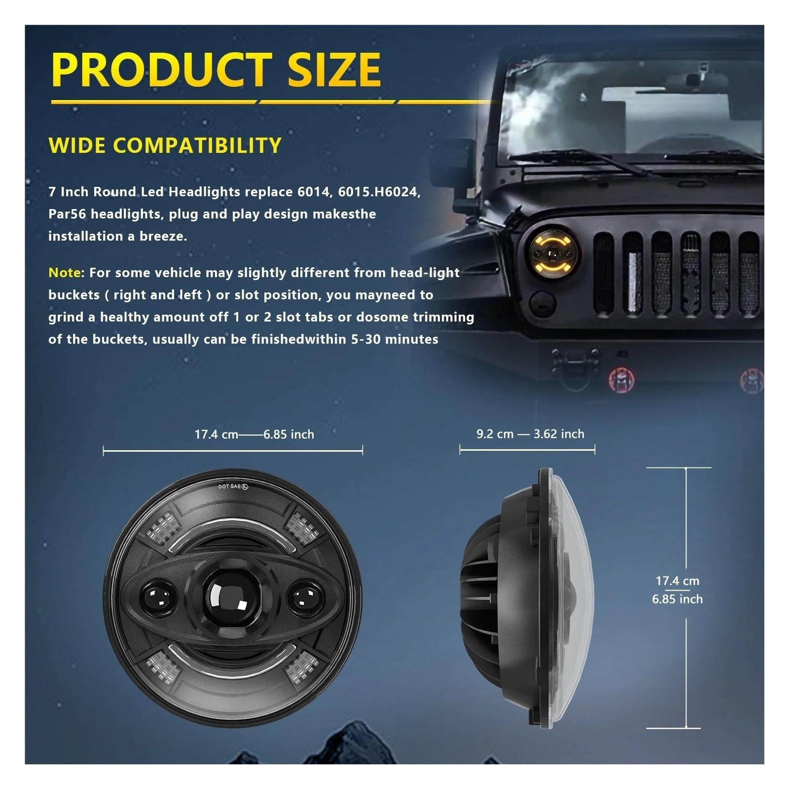 Faro Anteriore Per Fari Per Wrangler Per Jeep Fari Rotondi Fari Fuoristrada H4 240W 140000LM 6000K 3000K 24v R3 7 Pollici Fari(2 pezzi)