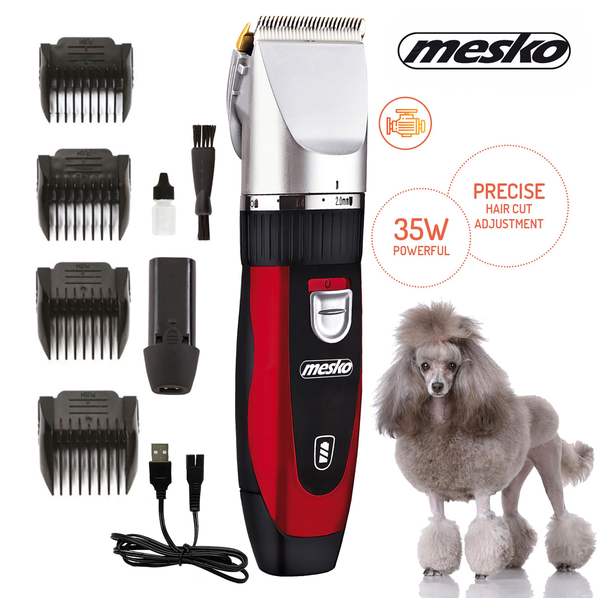 Mesko MS2847 Maquina Cortar Pelo Perro Cortapelos Profesional Animales, Esquiladora Gatos Mascotas, Bajo Ruido, Cabezal Titanio, Cuchilla Cerámica, Inalámbrica, 4 Peines Ajuste de Corte, 35W