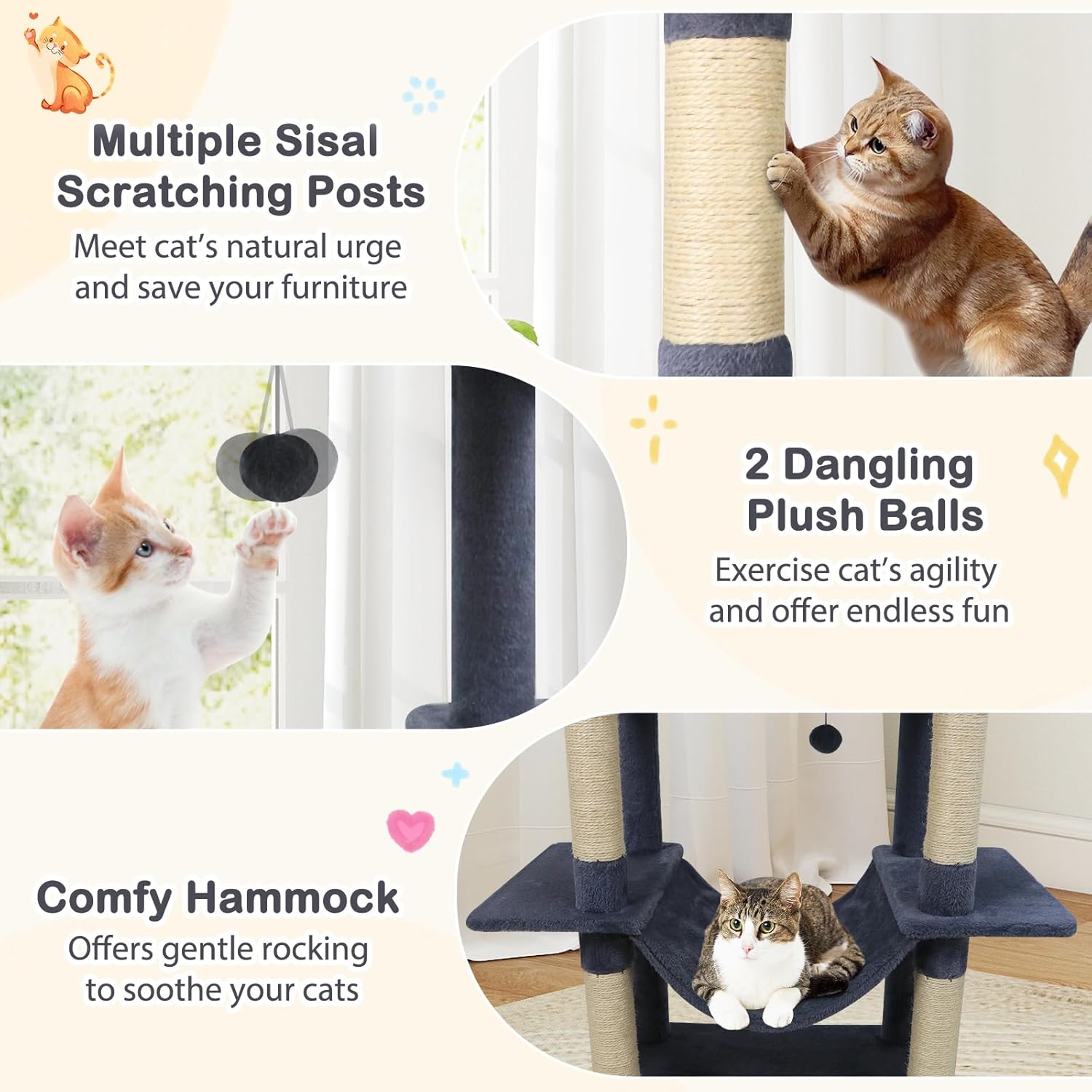 Tangkula 70 Inch Tall Cat Tree, Multi-Level Large Cat Tower with Sisal Scratching Posts, Plush Top Perch, 2 Condos, Hammock, 2 Dangling Balls, Cat Tree Tower for Indoor Cats Large Adults (Dark Grey)