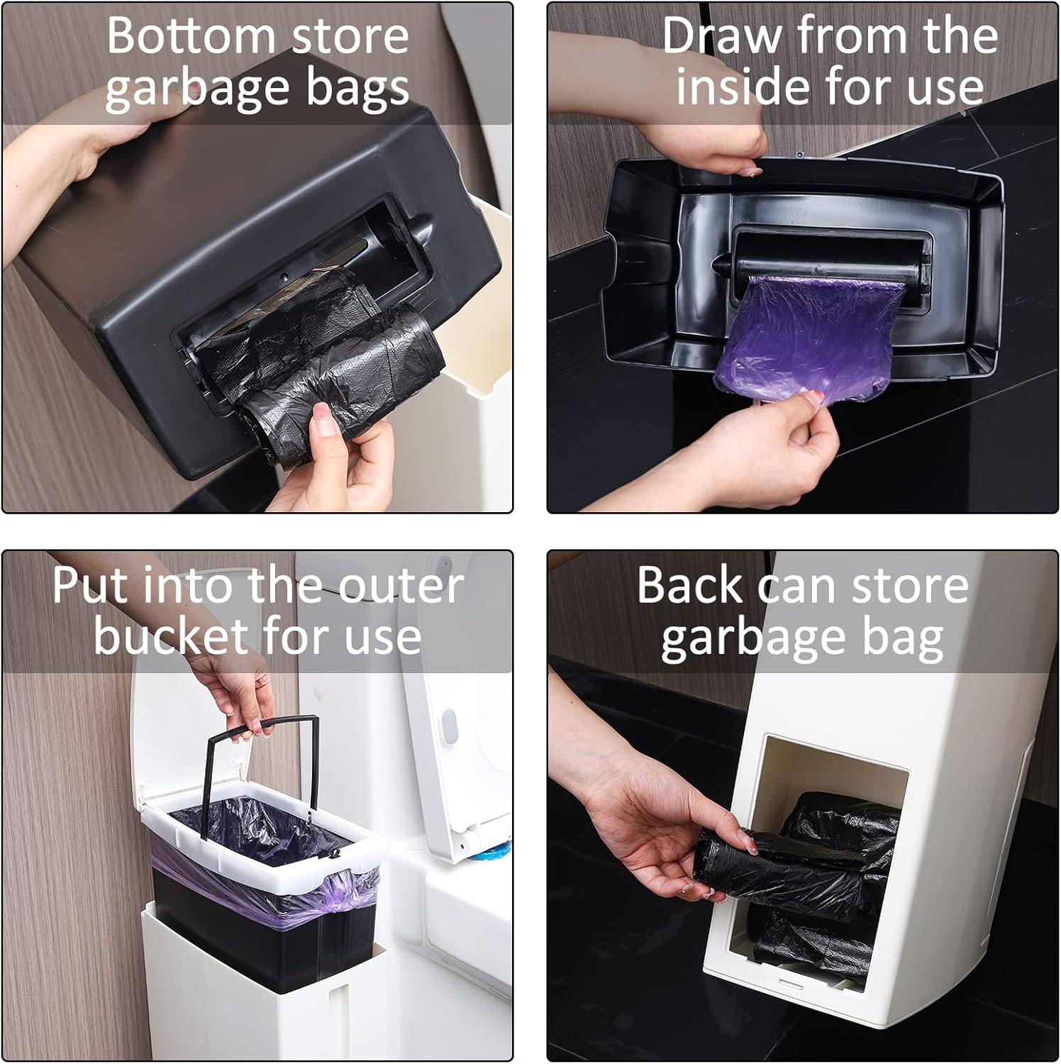 8L Slim Plastic Trash Can with Toilet Brush Holder,2.1 Gallon Garbage Can with Press Top Lid,Small Waste Bin With Lid,Rectangular Modern Dogproof Waste Can for Bathroom RVs Dorm Motorhome,White : Home & Kitchen