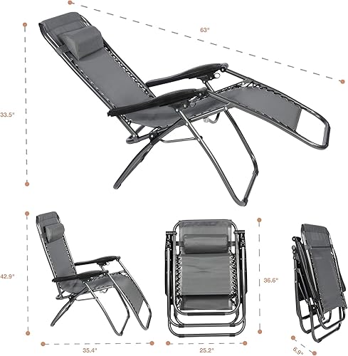 Miniatura 3 de Juego de 2 sillas de gravedad cero reclinables para exteriores, para jardín, playa, gris (gris)