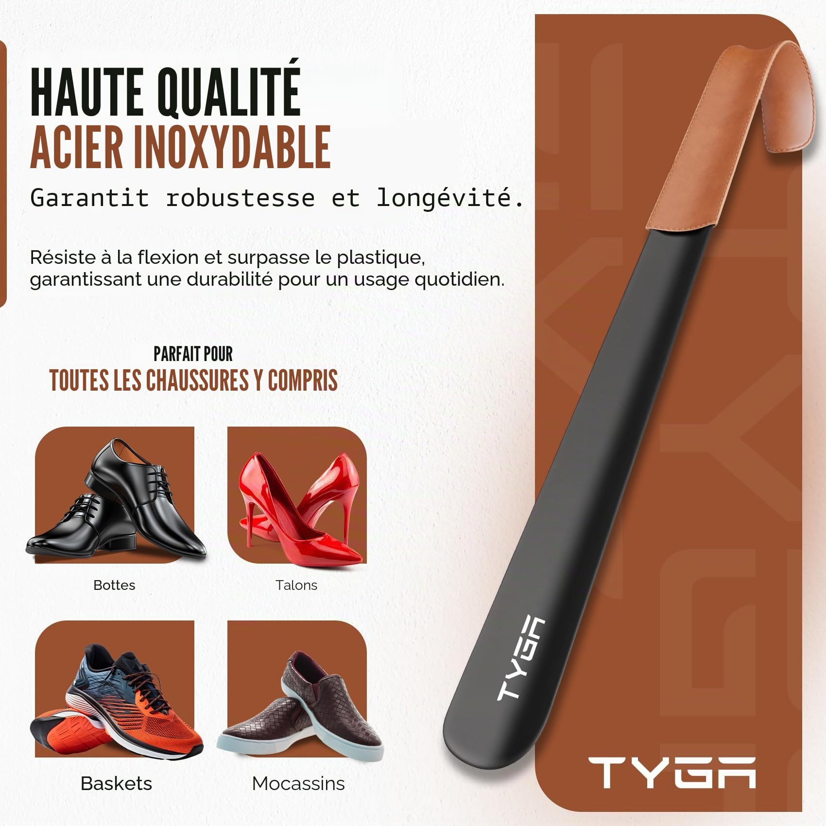TYGA STORE Chausse-pied en métal – 42 cm de long manche, chausse-pied avec poignée en cuir, pour hommes, femmes et enfants