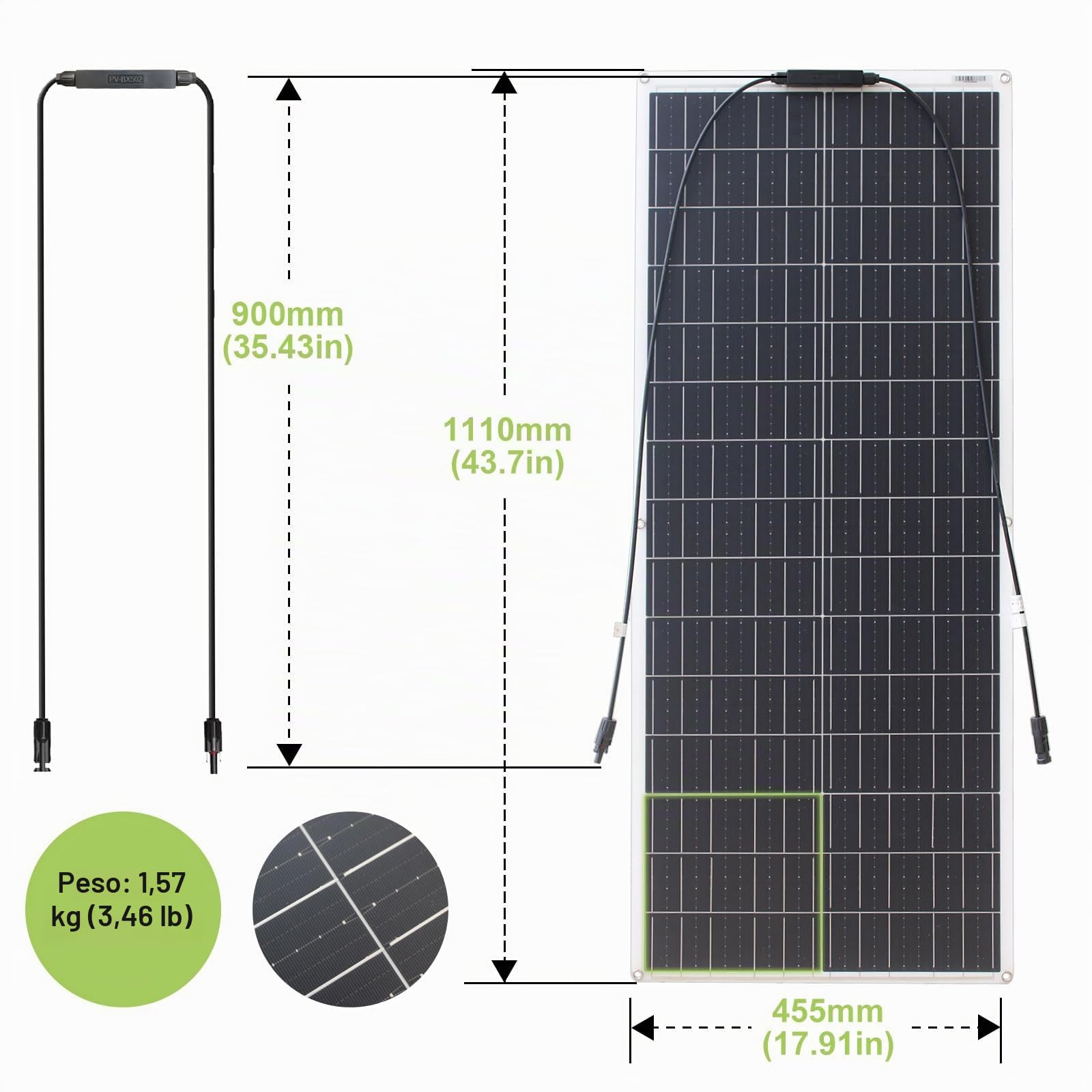 Panel solar 100 W 12 V flexible monocristalino panel solar ultra ligero ultra delgado impermeable cargador solar para autocaravana, techo, caravana, barco y superficies irregulares (100 W)