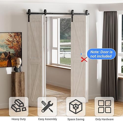 Miniatura 9 de CCJH Kit de herrajes para puerta corrediza de granero de 30 pulgadas para 2 puertas, se desliza suavemente silenciosamente, rodillo negro de montaje