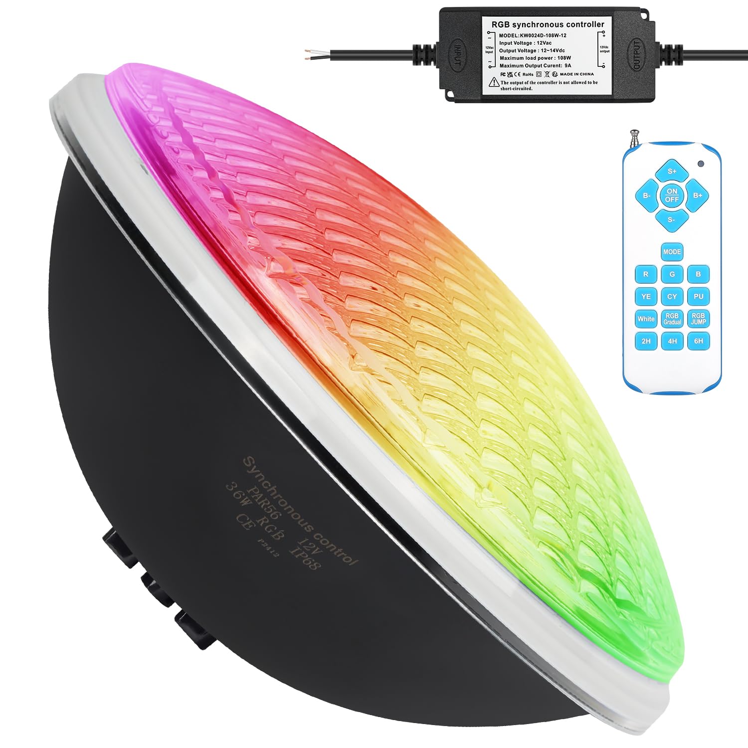 Oświetlenie basenowe LED 36 W, PAR56,12 V RGB, zewnętrzna synchronizacja z pilotem zdalnego sterowania, timer 2/4/6 h, wodoszczelność IP68 (1 szt.)