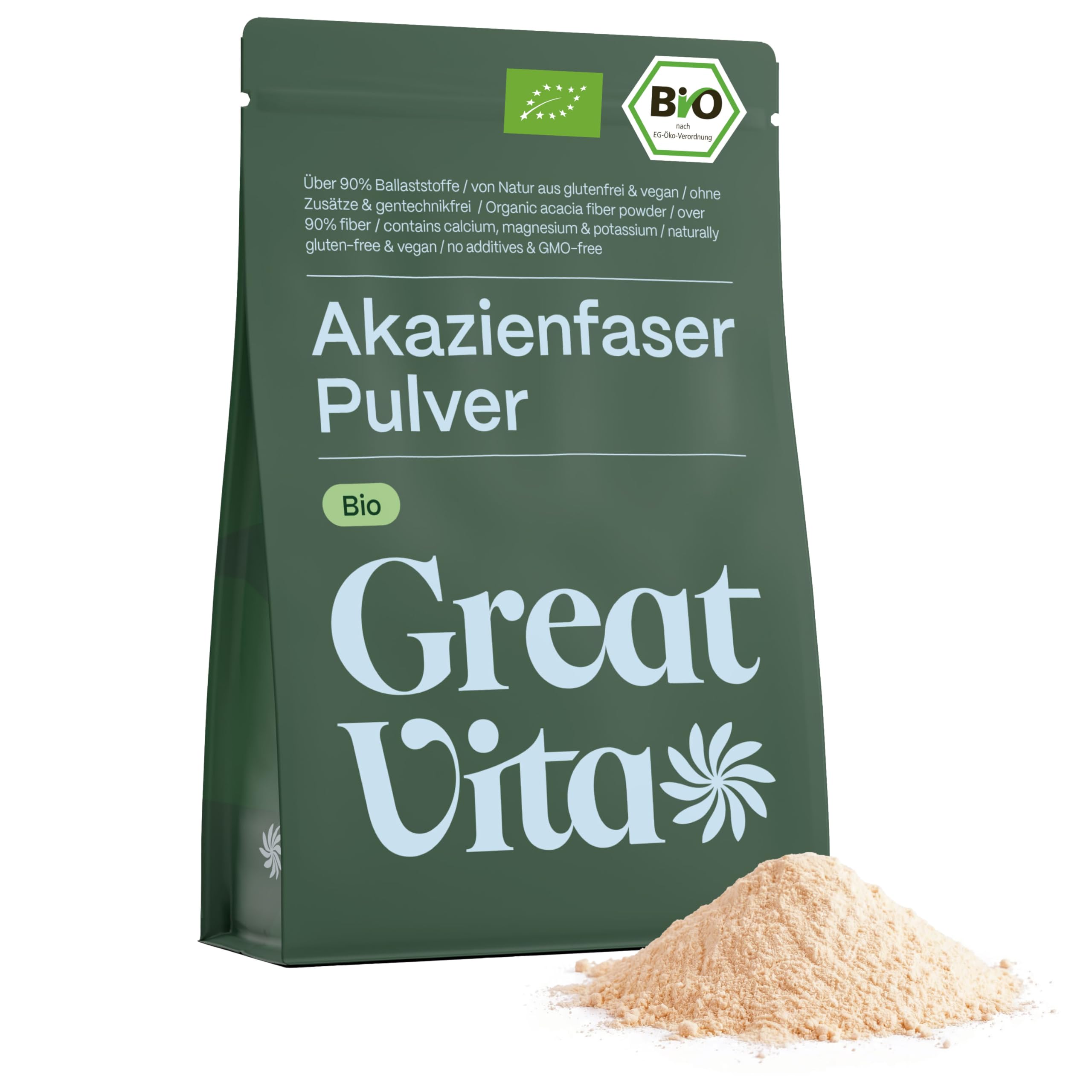 GreatVita Bio Akazienfaser Pulver 400g | über 90% lösliche Ballaststoffe - geschmacksneutral & 100?% löslich | vegane Acacia Fibre mit Calcium, Magnesium, Kalium & Phosphor | ohne Gentechnik & Zusätze