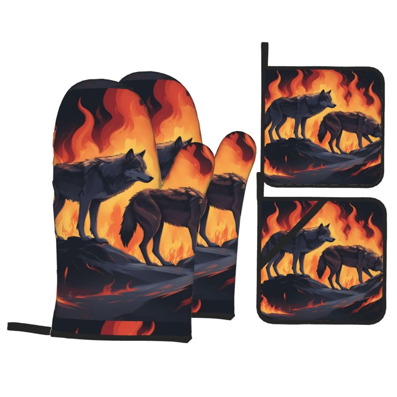 HJFCZH Wolves in Flames Picture Kitchen Baking Set of 4 Thick Insulated Oven Mitt & Pot Holders, Anti-Scalding for Microwave, Oven, Outdoor BBQ