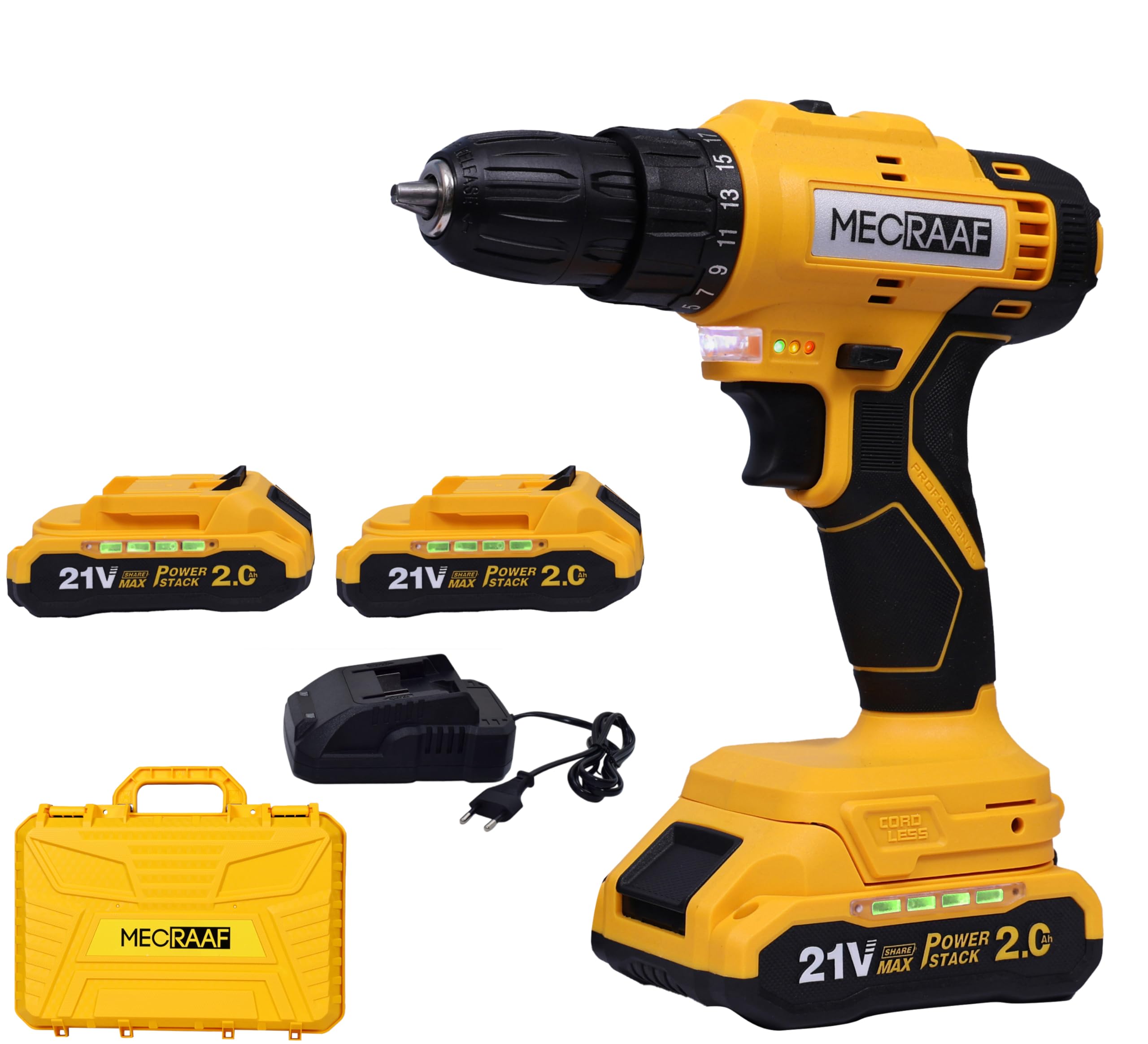 MECRAAF® 21V Cordless Screwdriver and Drill Machine - Compact, Lightweight, Powerful - 1300 RPM | Reversible switch Multi-Torque Clutch, 10mm Keyless Chuck - 2 x2.0Ah Battery | 6 months motor warranty