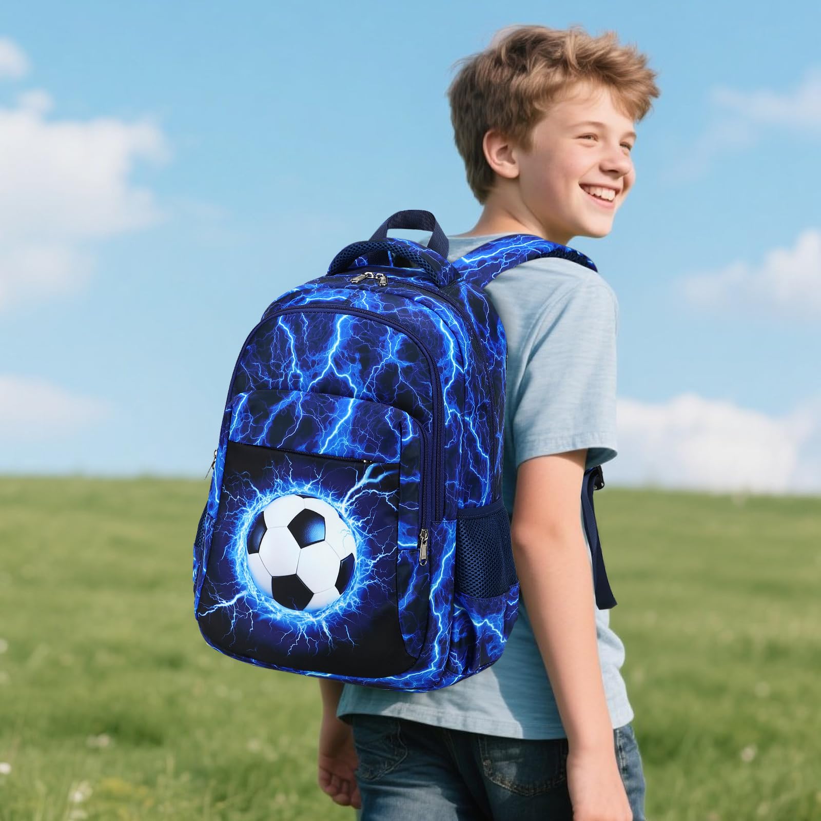 LEDAOU Zaino per uomo e donna – Zaino leggero impermeabile – Zaino scuola minimalista + borsa per laptop (fino a 15,6") – ideale per università, viaggi e uso quotidiano, Calcio fulmine